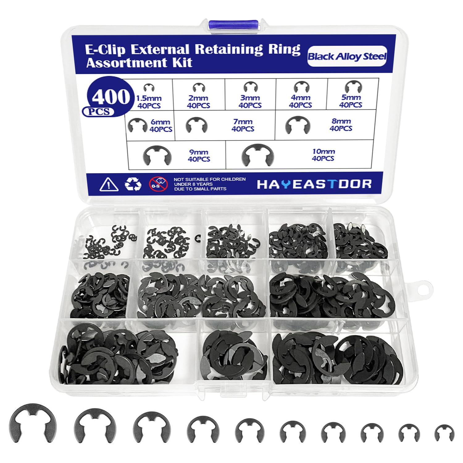 HayEastdor 400PCS 10 Size E-Clips Assortment Kit Black Alloy Steel E Clip Circlip External Retaining Ring Washer Includes Sizes 1.5mm-10mm HE002