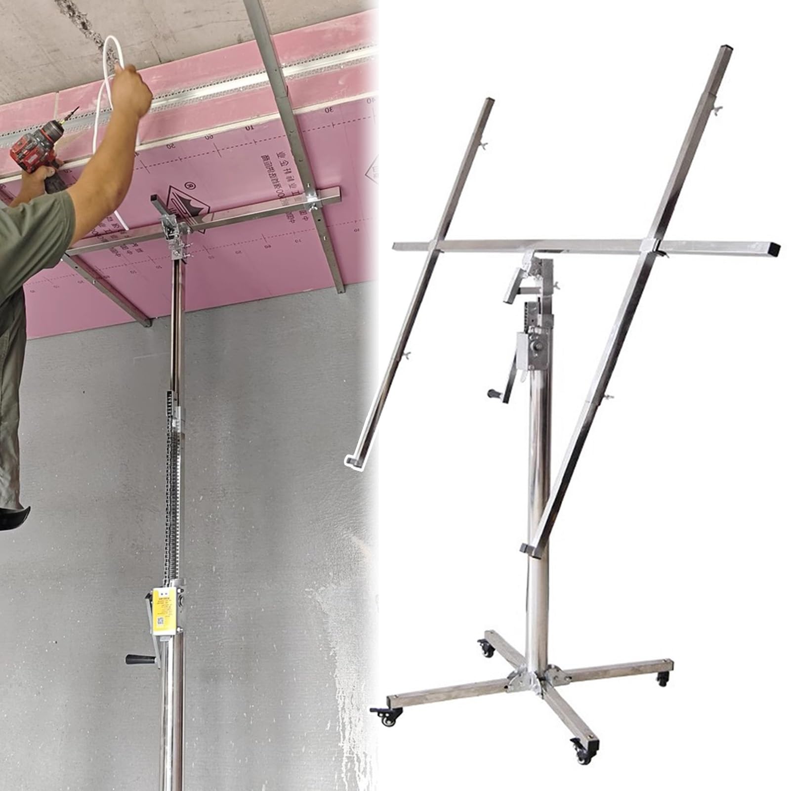 Trockenbauheber Plattenheber, verstellbarer Blechheber mit Rolle, rollender Gipskartonheber, 2,4 - 3,5 m, Stahl, Trockenwandheber, Handwerkzeug für Deckenmontage
