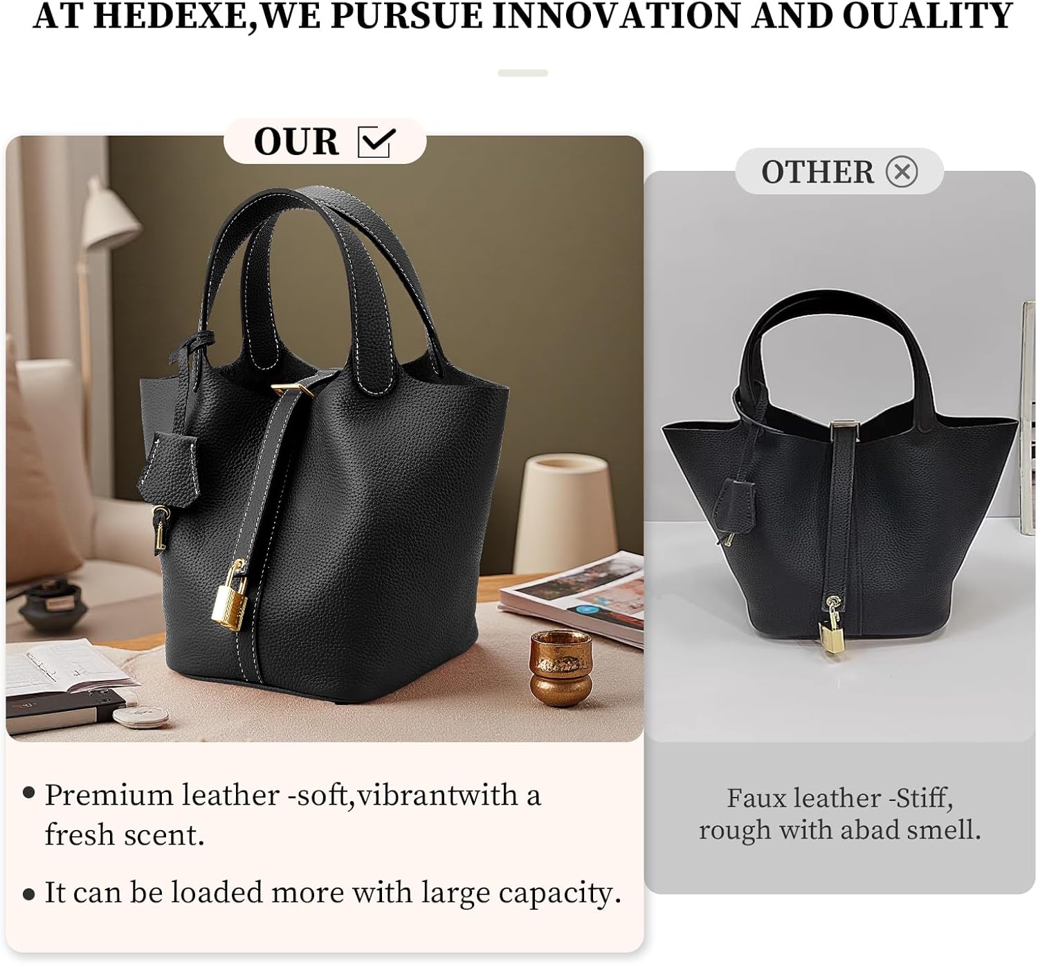 Designer Leather Bucket Bags for Women: Trendy Genuine Leather Tote Purses - Luxury Satchel Top-Handle Handbags for Travel - Image 3