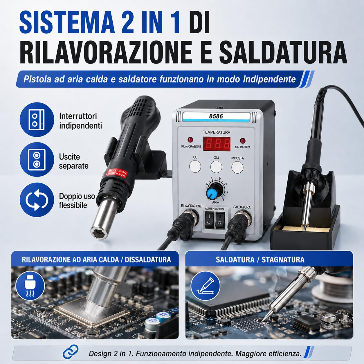 VOBOR Stazione Saldante, 2 in 1 Saldatore a Stagno Professionale ad Aria Calda 700W con Display LED, 200°C-500°C Kit di Strumenti Saldatura per Riparazione Saldante Elettronica