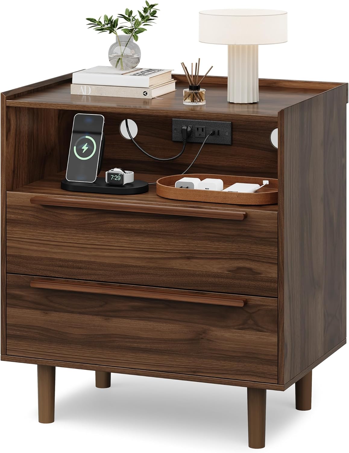 Mid-Century Modern Nightstand with Charging Station, 26" Tall Wood Bedside Table with Tray Top, USB & Type-C Ports, AC Outlets, 2 Drawers and Open Shelf for Bedroom or Living Room, Walnut
