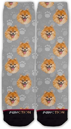 Función calcetines de moda con cara de perro Pomerania, patrón de cabeza, colores de cachorro, amor