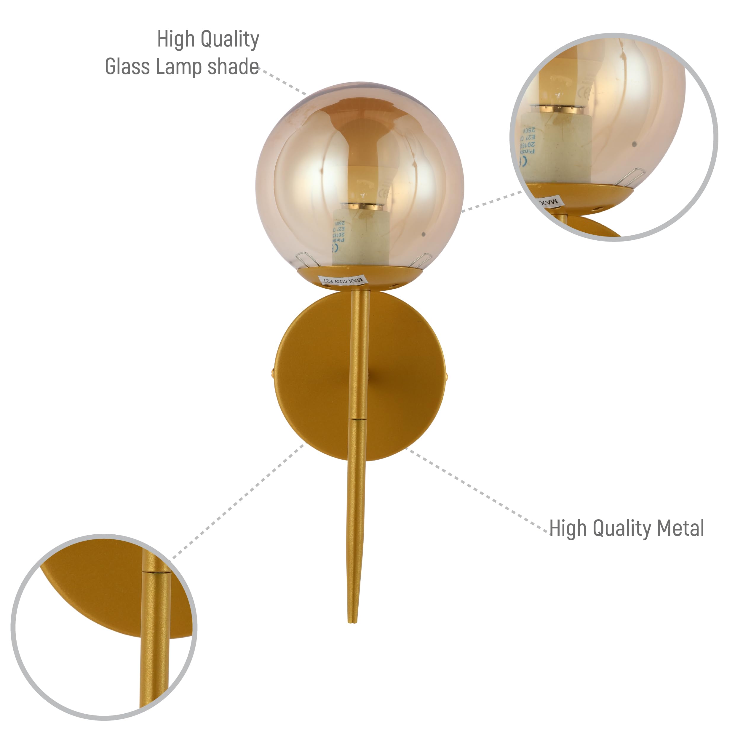 TEKLED myHome Mid-Century Nordic Globe Sconce Modern Wall Light, Gold-amber - Image 2