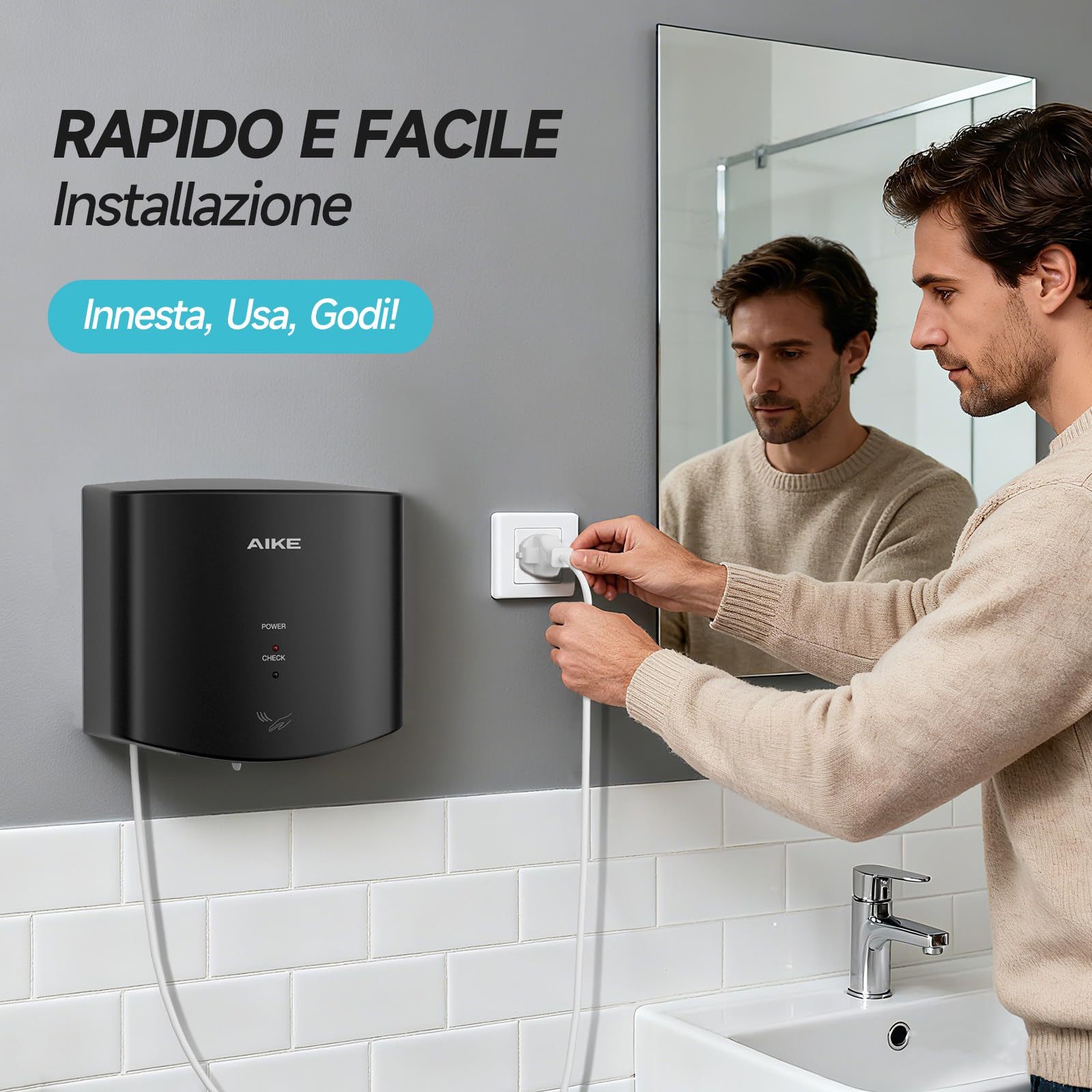 AIKE Air Wiper Asciugamani Compatto, Asciugatura ad Alta velocità, 1400W 220V, Collega e USA, Senza Carta e Senza Contatto per Bagni Pubblici, AK2630S (Nero)
