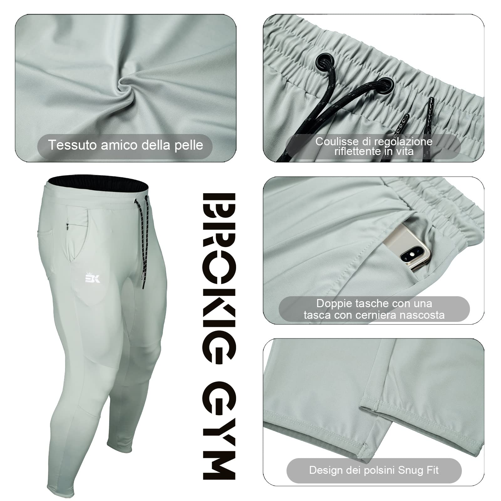 BROKIG Pantaloni Palestra Leggeri Uomo Pantalone Tuta Uomo Elasticità Sportivi con Tasche Zip