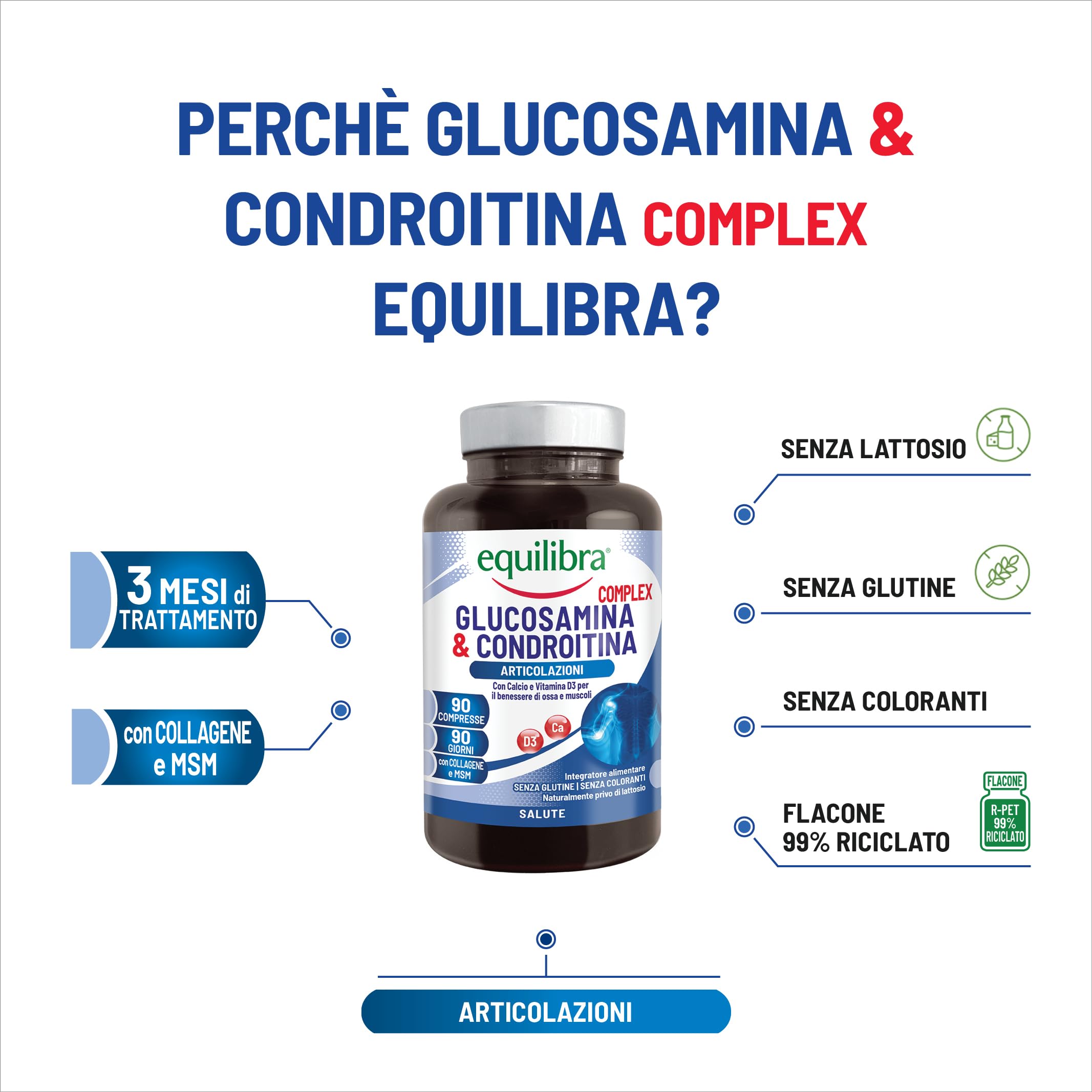Equilibra Integratori Alimentari, Glucosamina & Condroitina Complex, Integratore a Base di Glucosamina e Condroitina, con MSM, Calcio, Zinco e Vitamina D3, Per le Articolazioni, 90 compresse