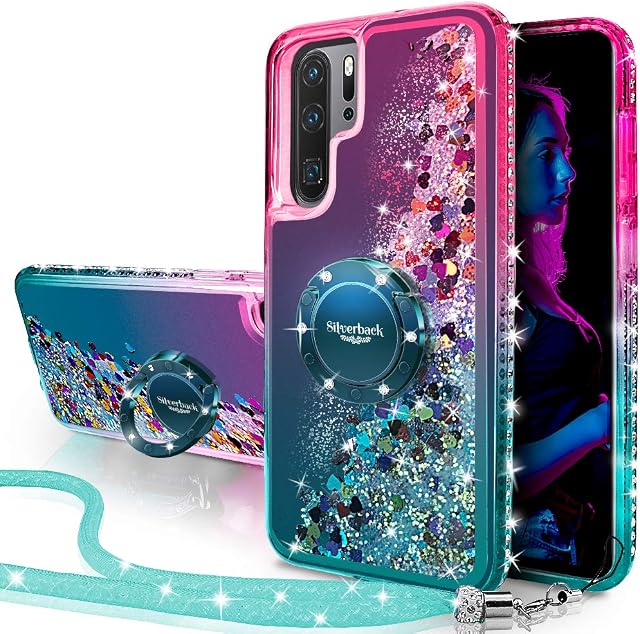 Miss Arts Compatible with Huawei P30 Pro Case, [Silverback] Moving Liquid Holographic Glitter Case With Kickstand, Girls Bling Ring Slim Cover for Huawei P30 Pro -Green