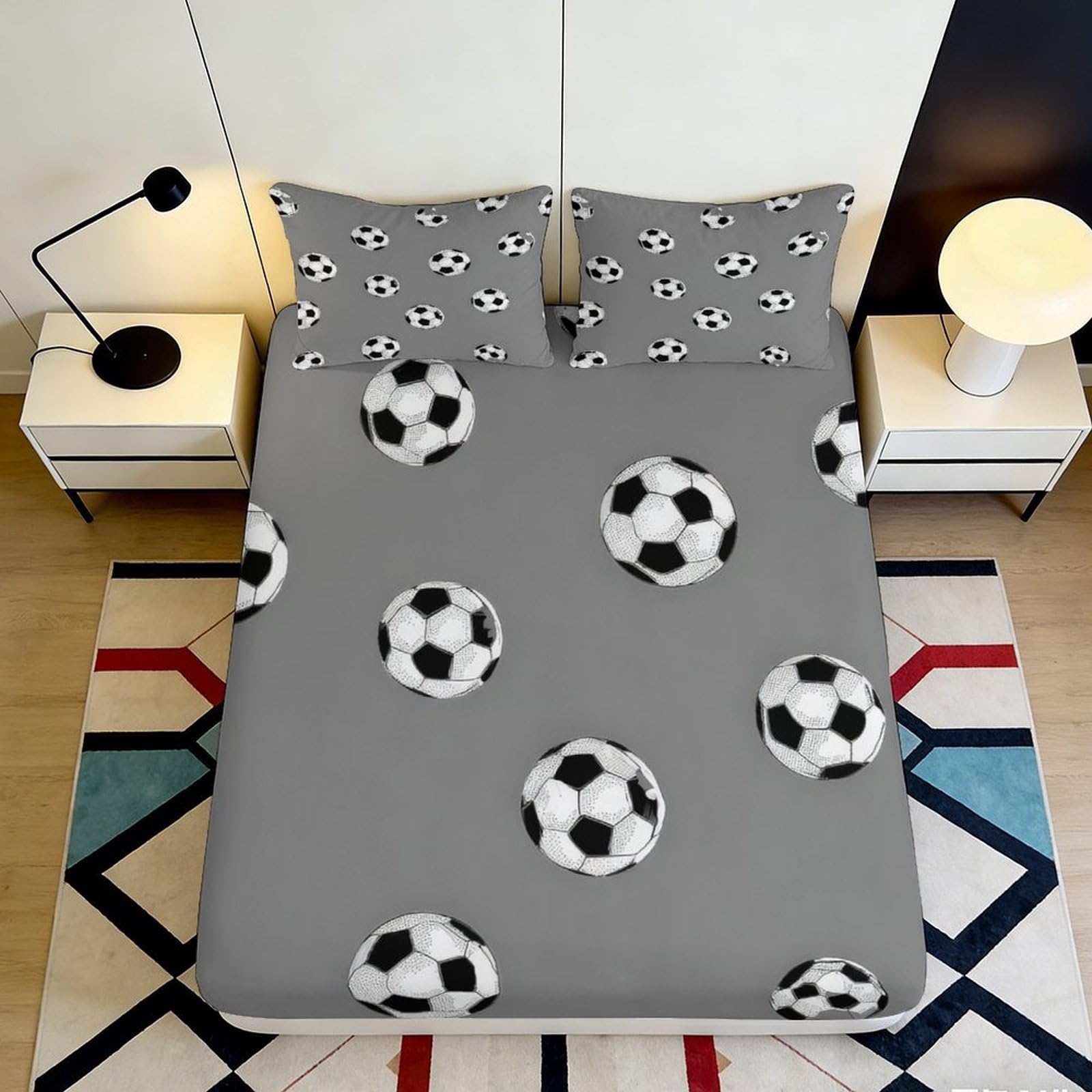 3D Printed Soccer Ball Fitted Sheet Microfiber Grey Bed Cover for Bedroom Dorm, Non-slip Mattress Protection, Easy Care 120x200x25cm