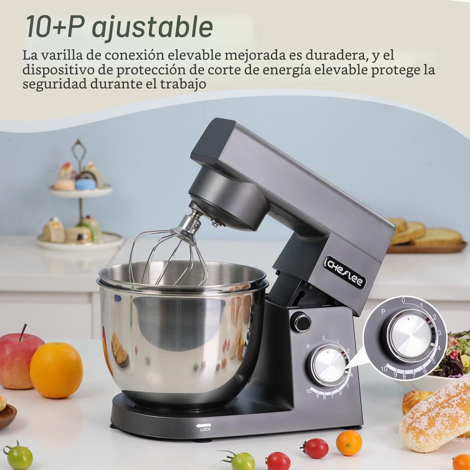 Amasadora CHeflee 1500W Batidora Amasadora,10 Velocidades,3 Funciones,Batidora Planetaria de 360 ​​Grados,con Cuencos de Acero inoxidable de 4,5 L y 5,5 L y Accesorios Para Mezclar y Amasar