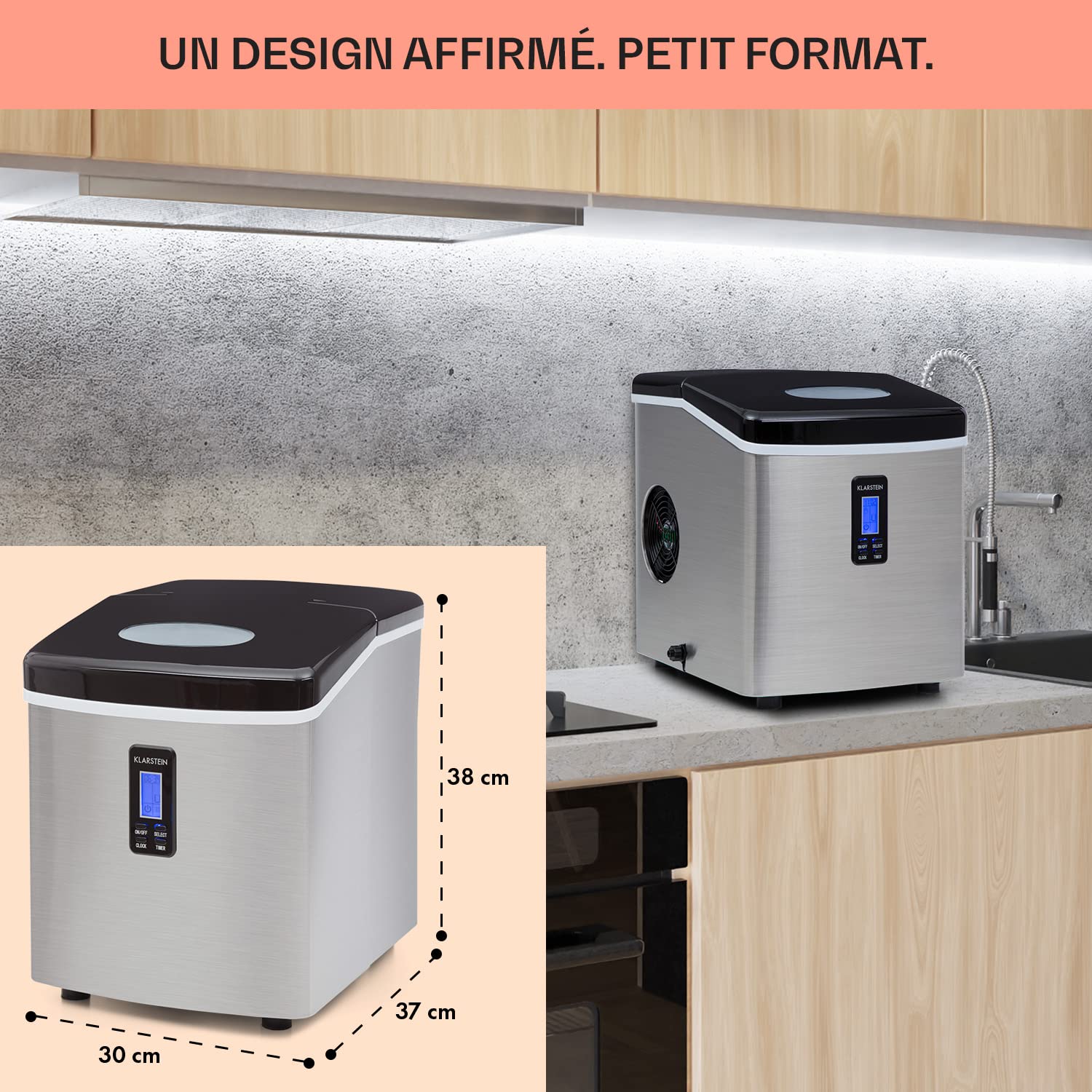 Klarstein Mr. Black-Frost - Machine à glaçons 3,3 L, 15 kg/24 h, Ice Maker 150W, 3 tailles, 6-15 mn, Machine à distributeur de glaçons avec Minuterie, Heure, Ecran LCD, Discret, Inox, Noir