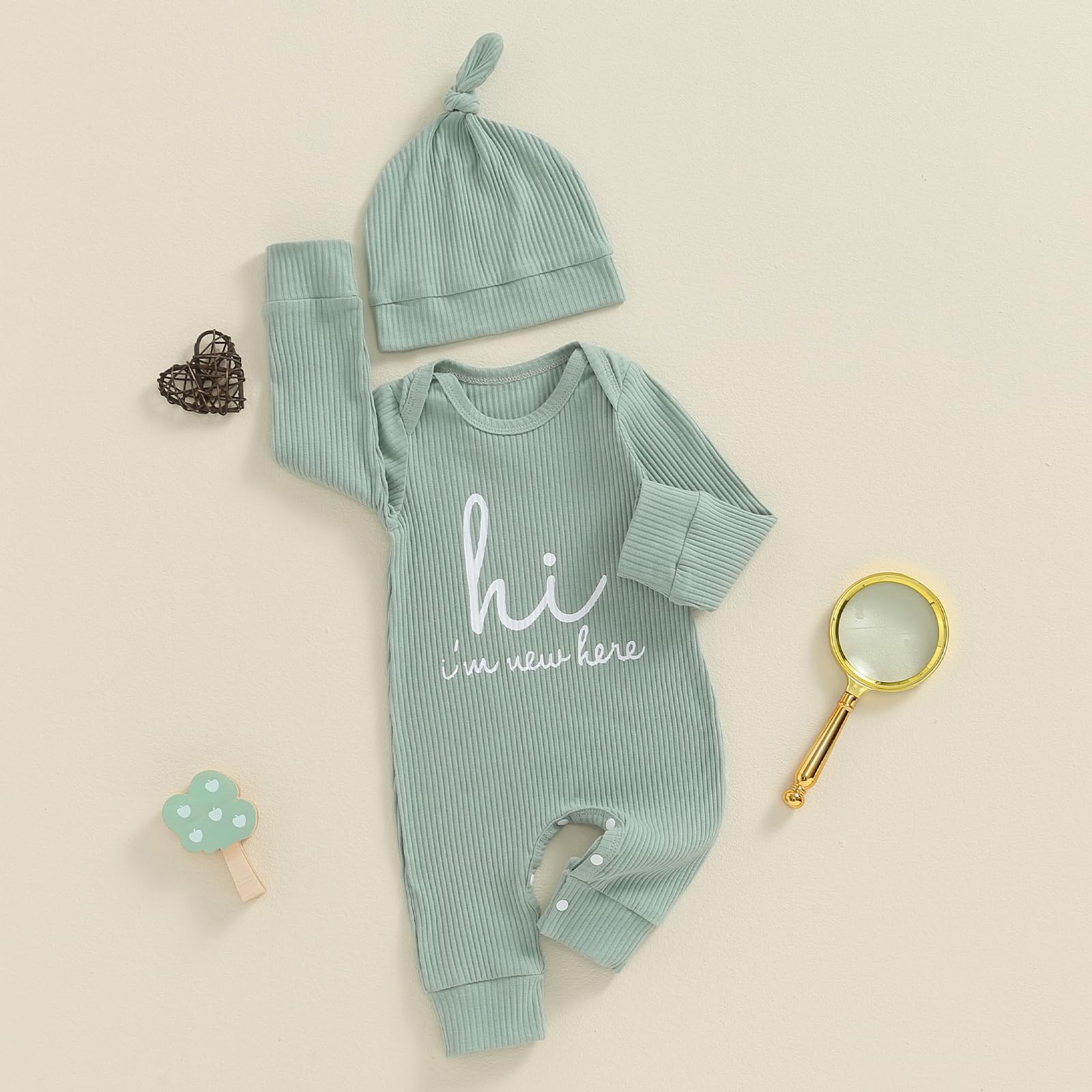 aporake Baby Boy Girl Clothes Hi I'm New Here Newborn Outfit One Piece Romper Bodysuit Jumpsuit+hat Newborn Hospital Outfit (Green, 0-3 Months)