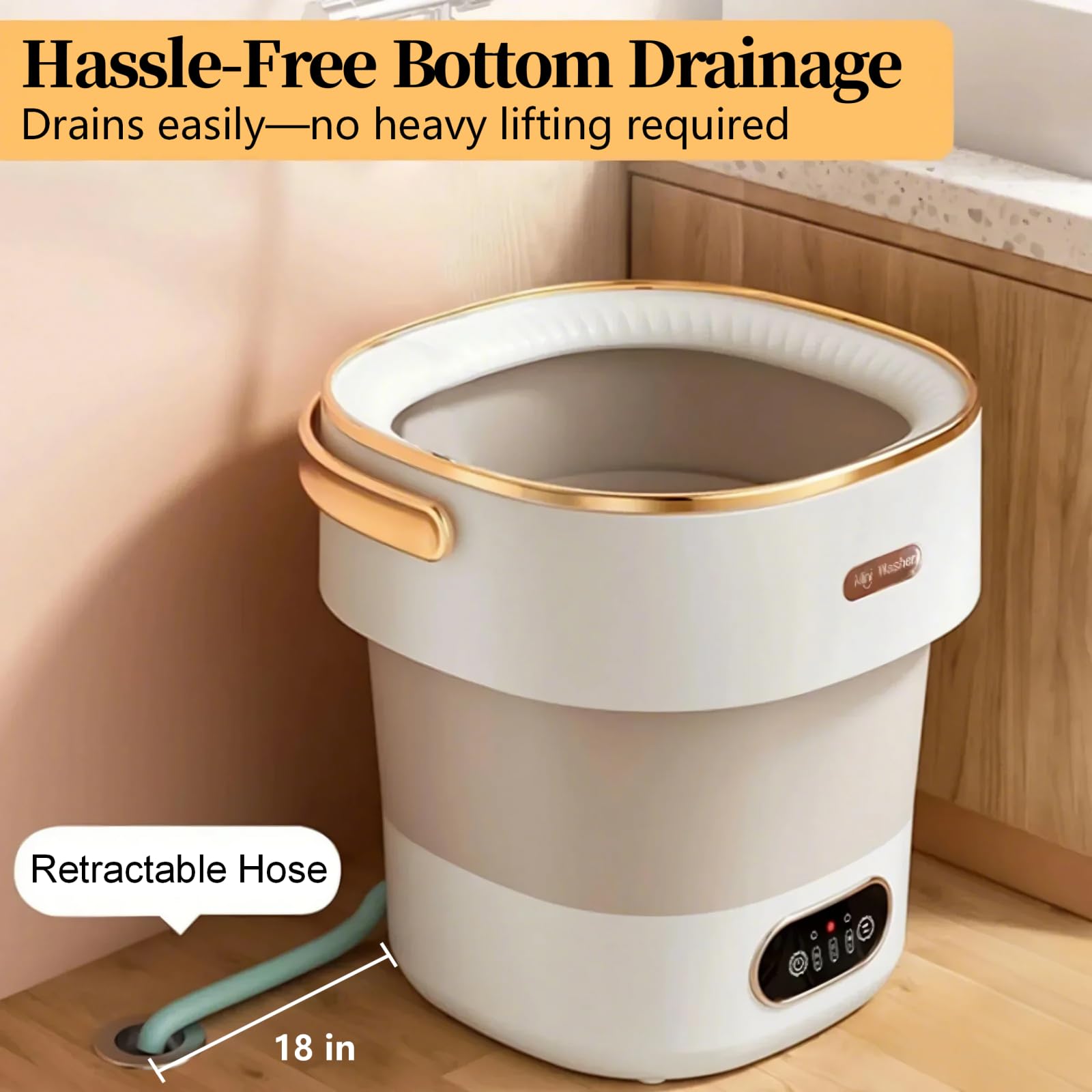 LumenOrbit Portable Washing Machine with Spin Basket, Upgraded 16L Foldable Mini Washer【5-Min Wash・3-Min Spin・1-Year Manufacturer Warranty】Small Washing Machine for Travel, Dorms, RVs, Camping (Gray) — view 6