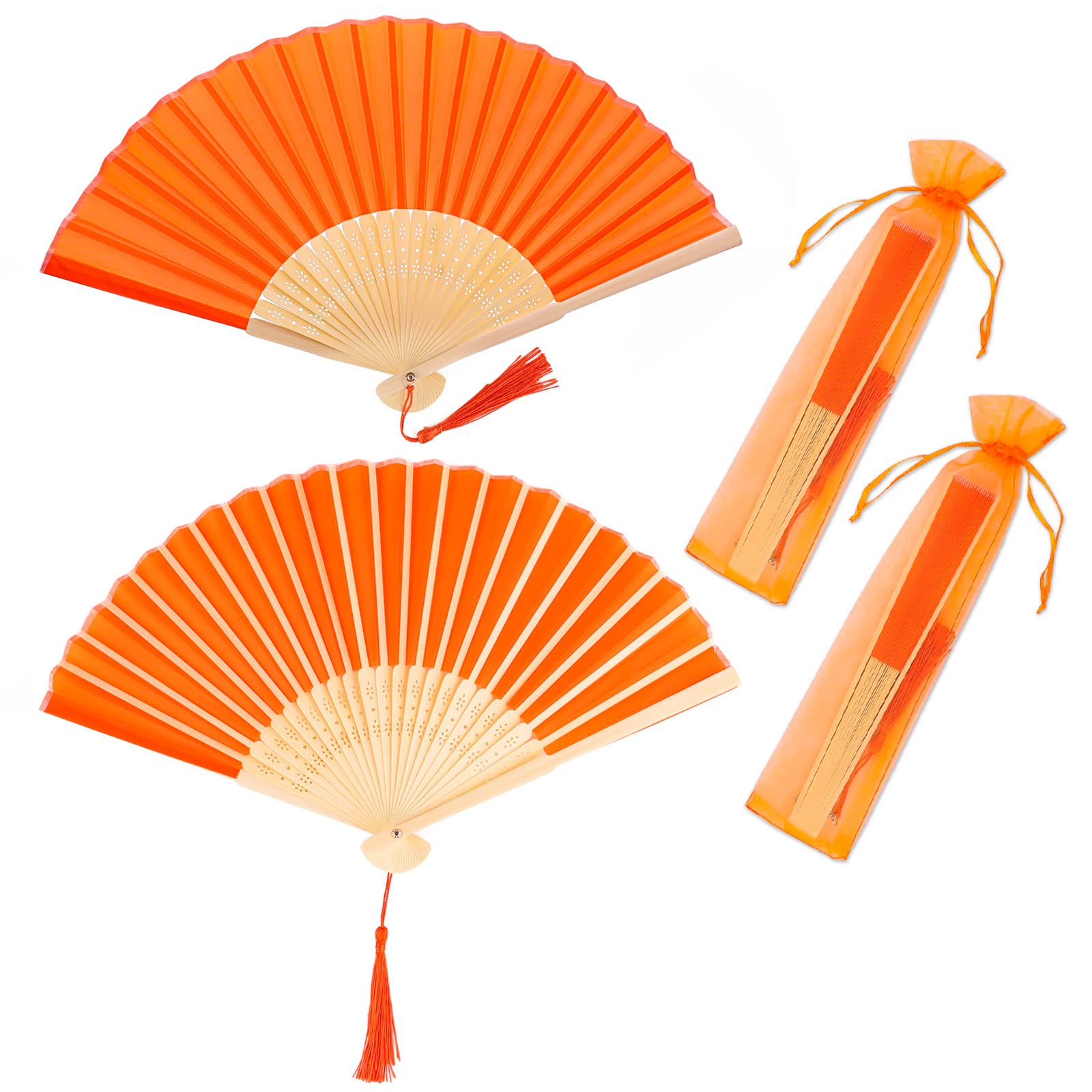 2 Pieces Folding Hand Fans with Silk Fringe Portable Hand Fans, 21 x 38 cm, Folding Fans for Weddings, Dances, etc. (Orange)