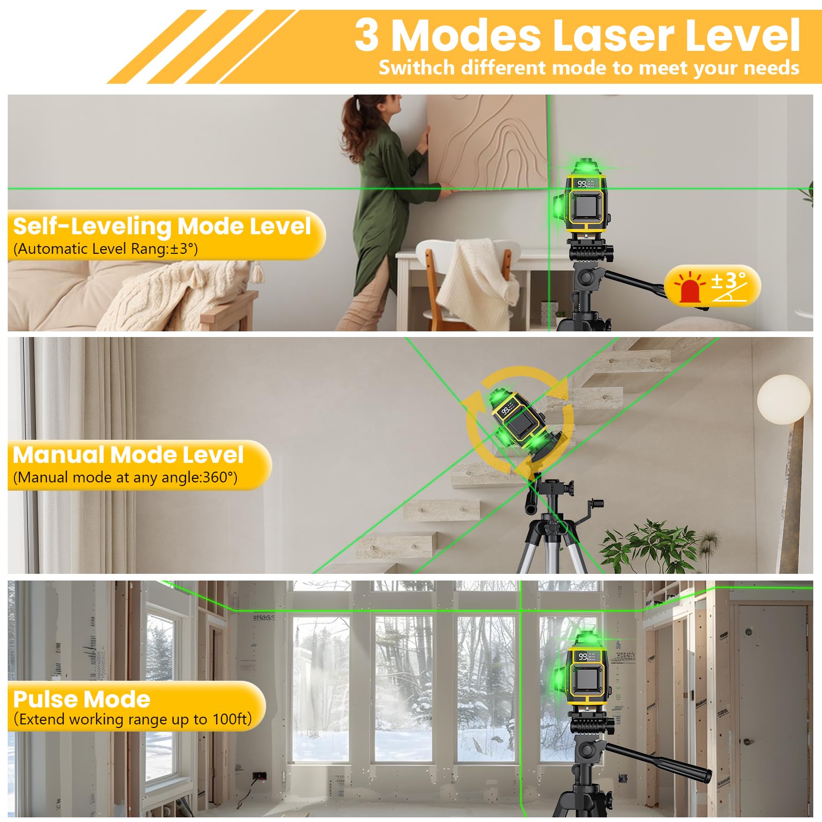 Nivel láser de Autonivelante 4x360°,4D 16 líneas Nivel Laser Cruzadas de Haz Verde,Láser Level Con Indicador de Potencia Horizontal/Vertical con 2x batería, Soporte Magnético, ajuste de brillo,remoto