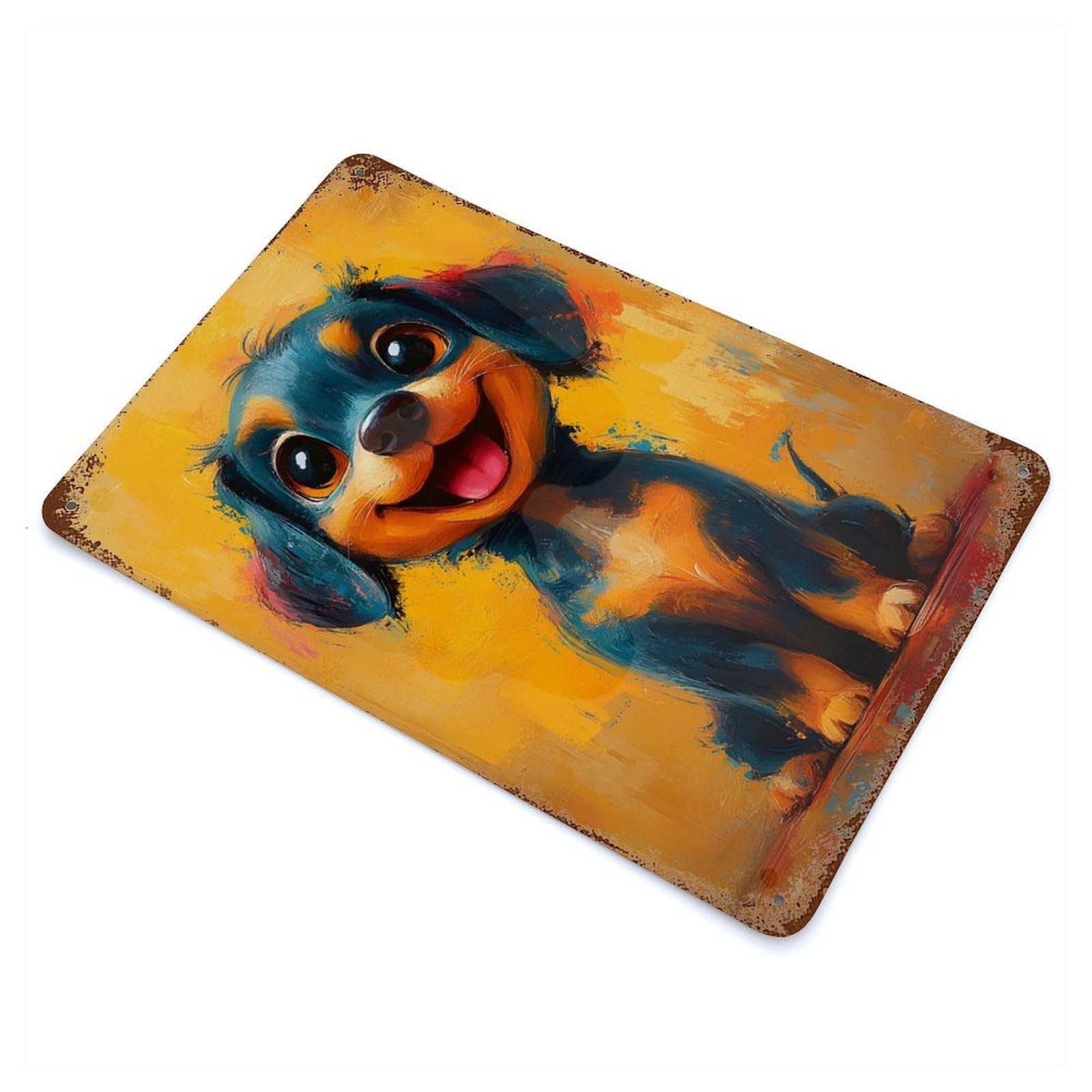 Smiling Dachshund Painting 11.8"x7.9" Rust Effect Tin Sign, Industrial Home Decor for Living Room, Hallway And Home Decor