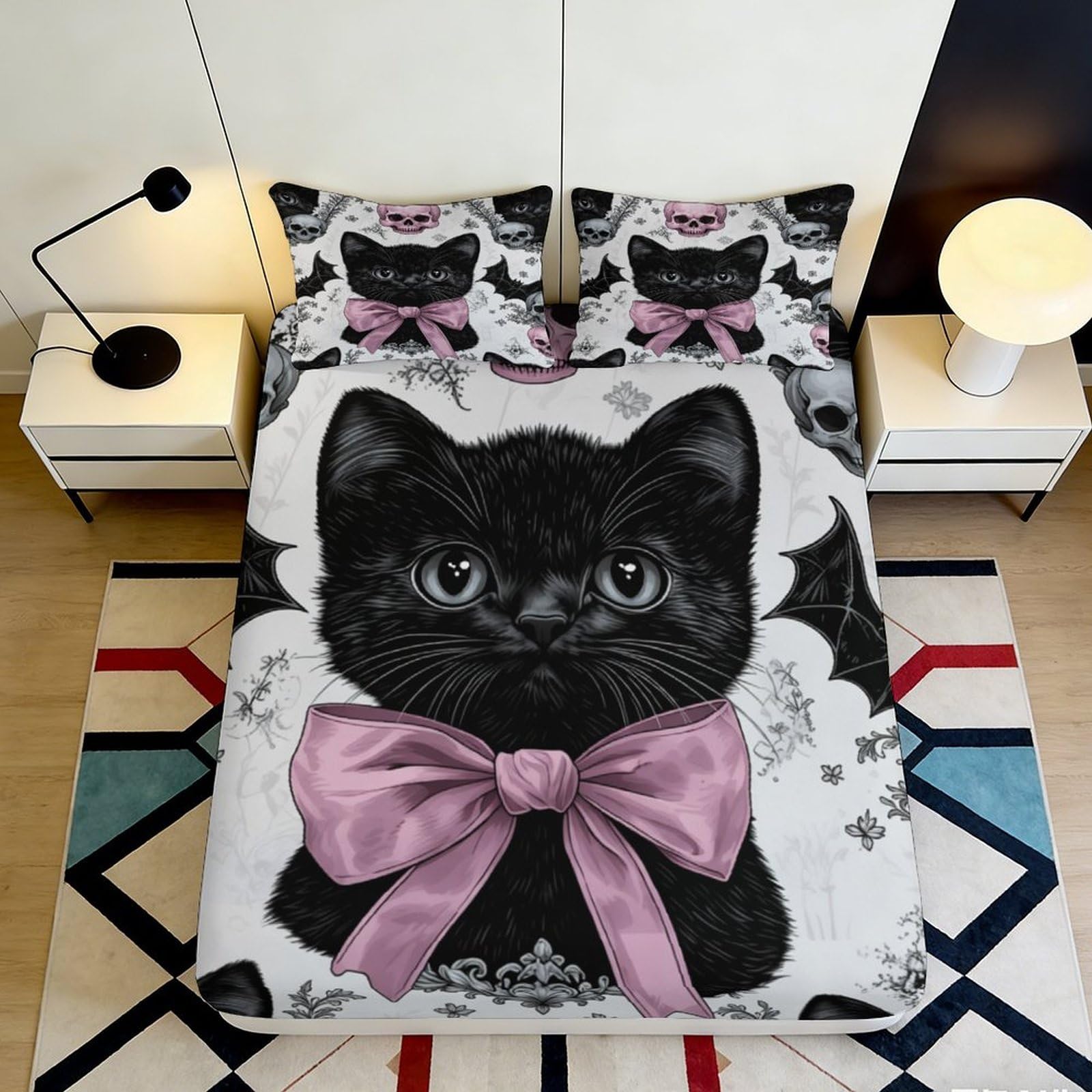 K1r3d9e5 Style-10 3D Printed Black Cat With Pink Bow Fitted Sheet Microfiber Soft Mattress Cover For Bedroom Dorm Easy Care Decor 90X200x25cm