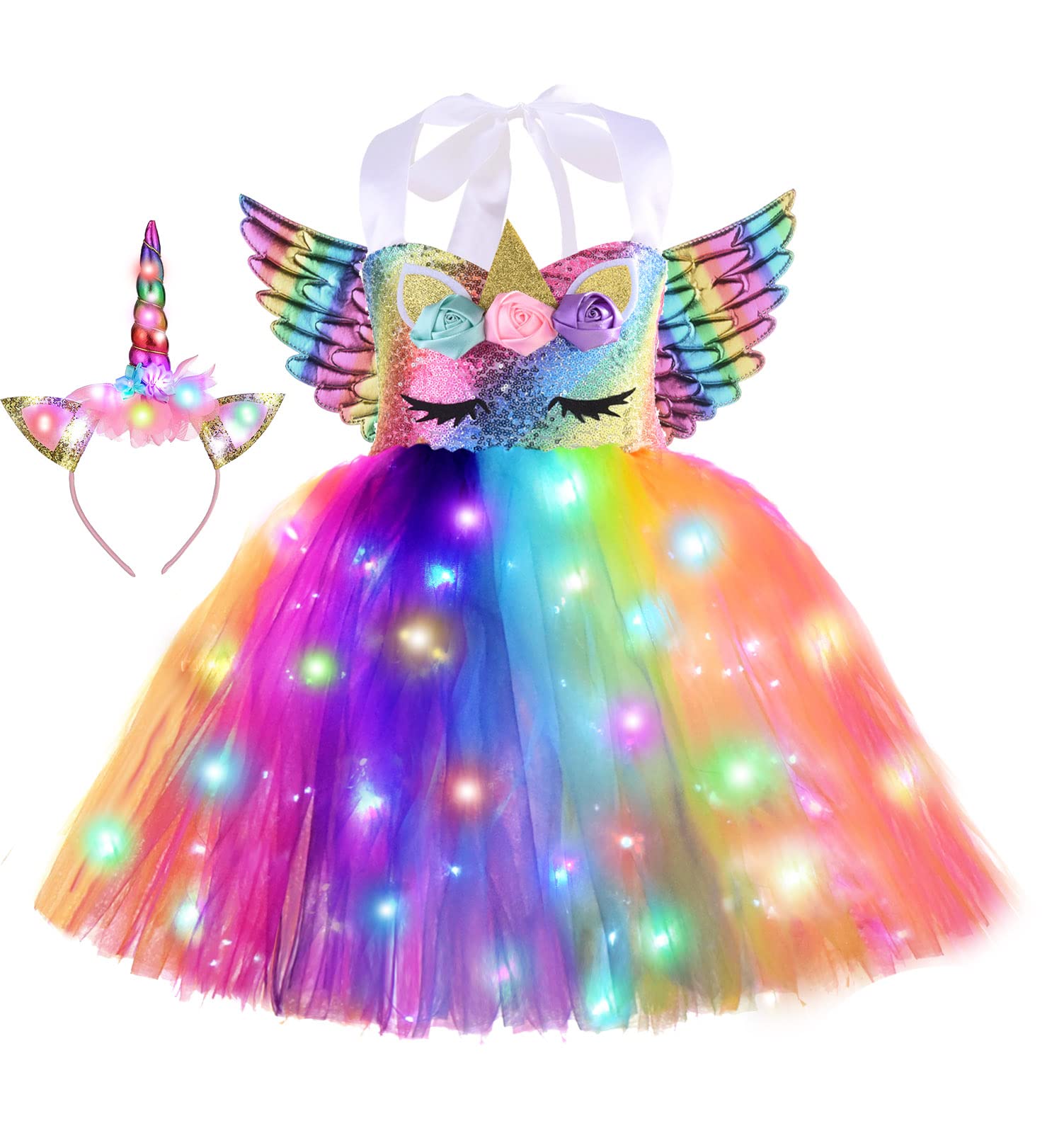 Sequin Light Girls Unicorn Costume Princess LED Dress Up Halloween Party Decoration Birthday Christmas Outfit Fairy Tutu Gift
