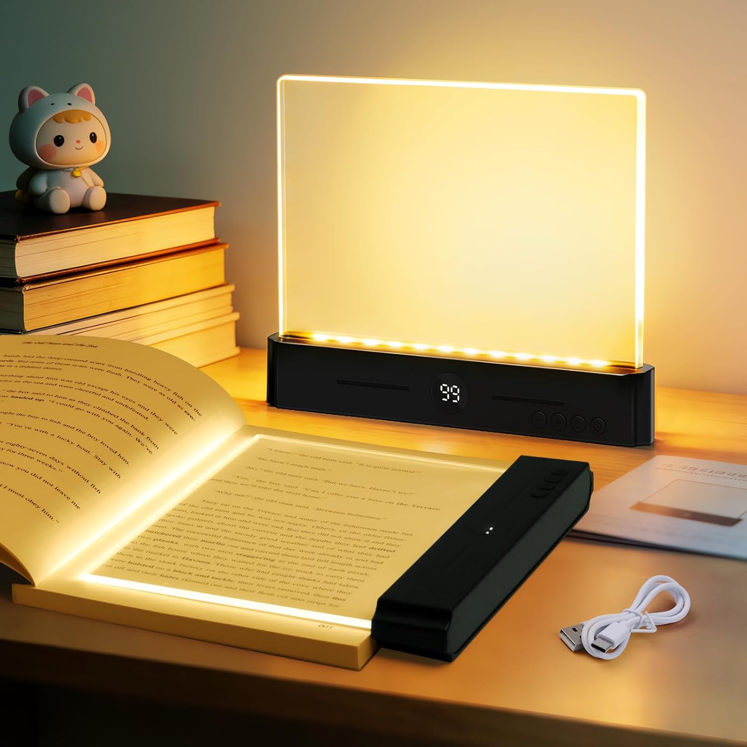 Book Light, Rechargeable Led Reading Light for Book, Clear LED Flat Book Lights for Reading in Bed at Night with 3 Colors & Timer, Dimmable Panel Plate Book Lamp, Bookish Gifts for Readers Kids