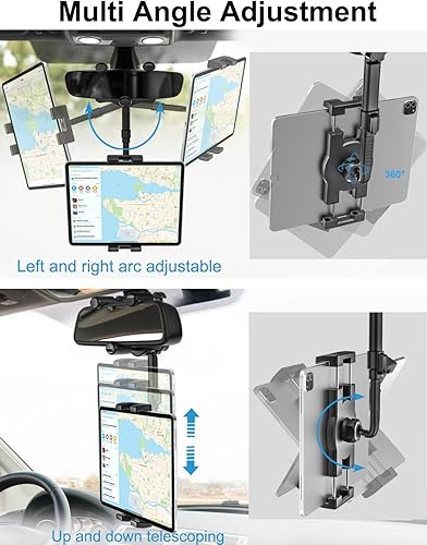 Miniatura 5 de woleyi Soporte para tableta de espejo retrovisor para automóvil, soporte para tableta de automóvil, clip universal giratorio de 360, para iPad Pro