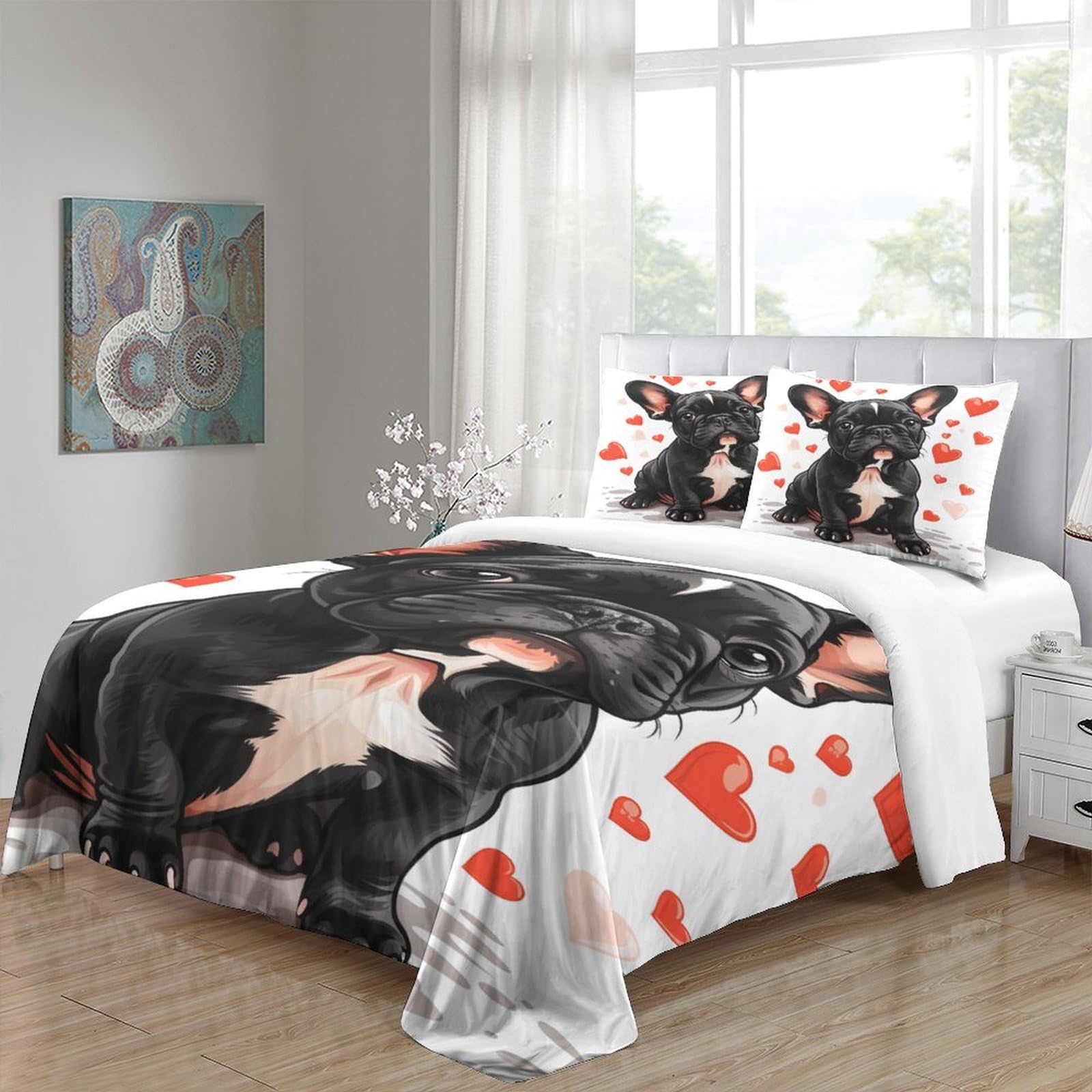 Stampato in 3D Bulldog francese Copertina Stampata Microfibra Disegnata Biancheria Da Letto Stile Morbido Con 2 Federe,Double（200x200cm）, Per Ragazzi Adulti