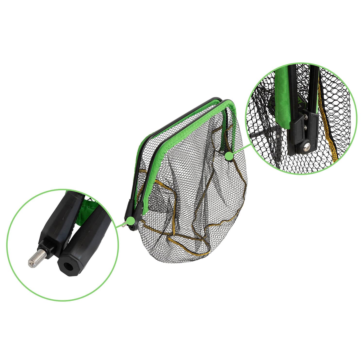 Delphin Reaxe Floater Kescherkopf Schwimmend Gummiert Faltbar, leichter Aluminiumrahmen, schwarz-grün, faltbares Netz für Angler, universell kompatibel, 50x40cm bis 80x70cm