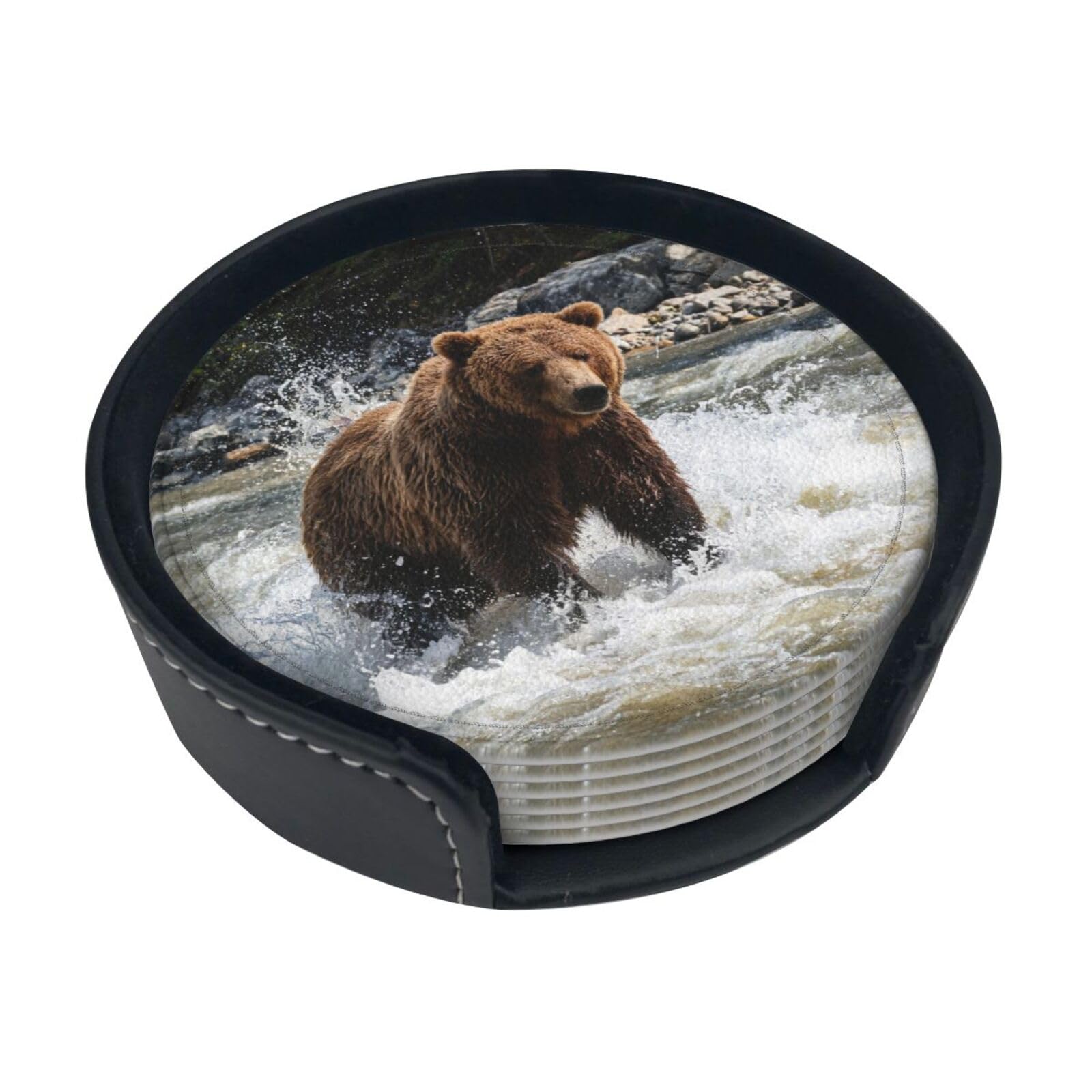 Grizzly Pattern Leather Coasters-Set of 6 with Storage Holder