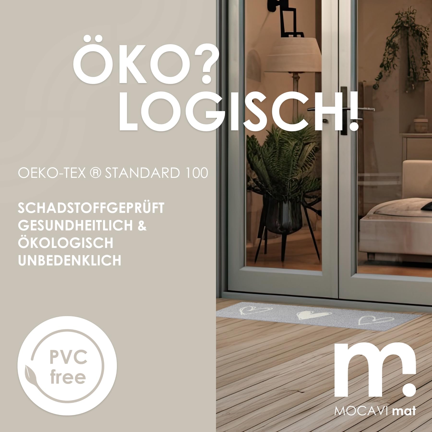 MOCAVI Mat Fußmatte Schuhparkplatz Herzen hell-grau 30x100 cm Schuh-Teppich lang, schmal, Schuhe ausziehen, Deko sbereich innen, außen, Matte, Haustür, Stiefelmatte