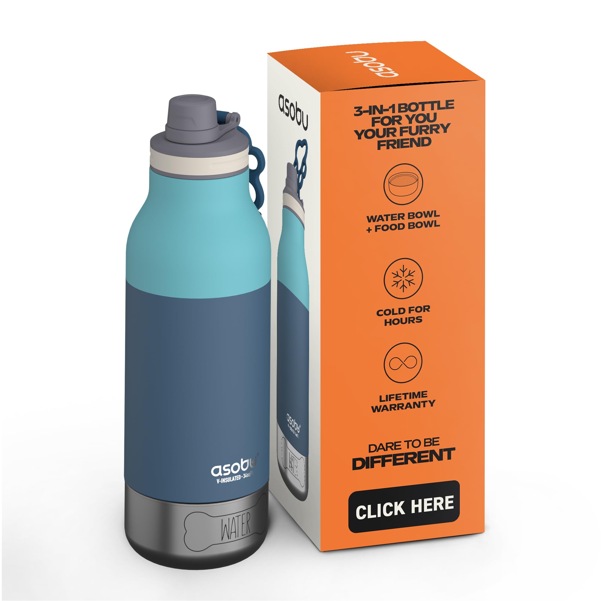 Asobu Buddy Bottle - Borraccia termica in acciaio inox, con ciotola per l'acqua rimovibile per cani e cibo per cani (verde pastello, 963,9 g)