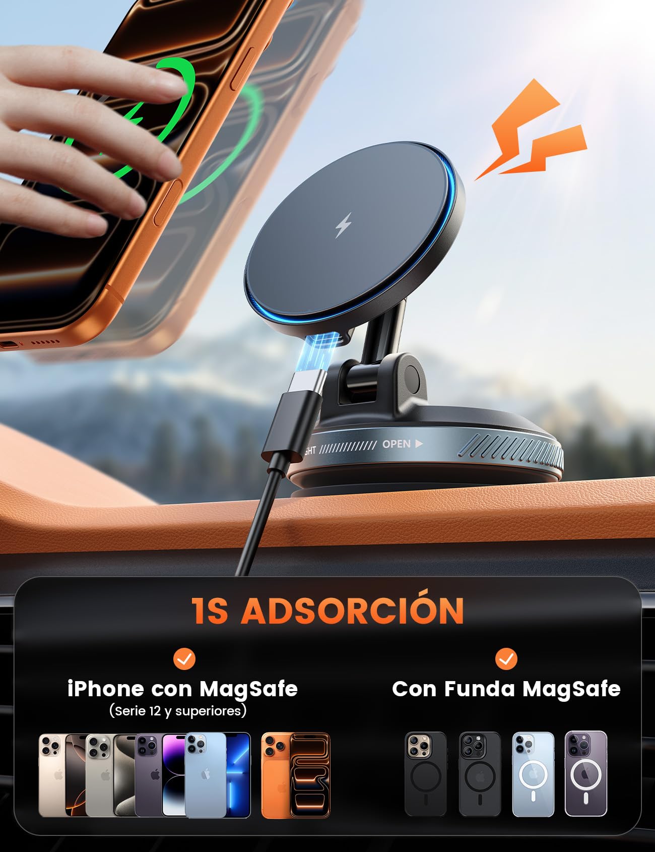 Lamicall 15W Cargador Inalámbrico Coche para MagSafe - [30KG Succión Fuerte] Magnético Soporte Cargador Movil Coche con Ventosa de Vacío, Fuerte Imán, para iPhone Series 17 16 15 14 13 12