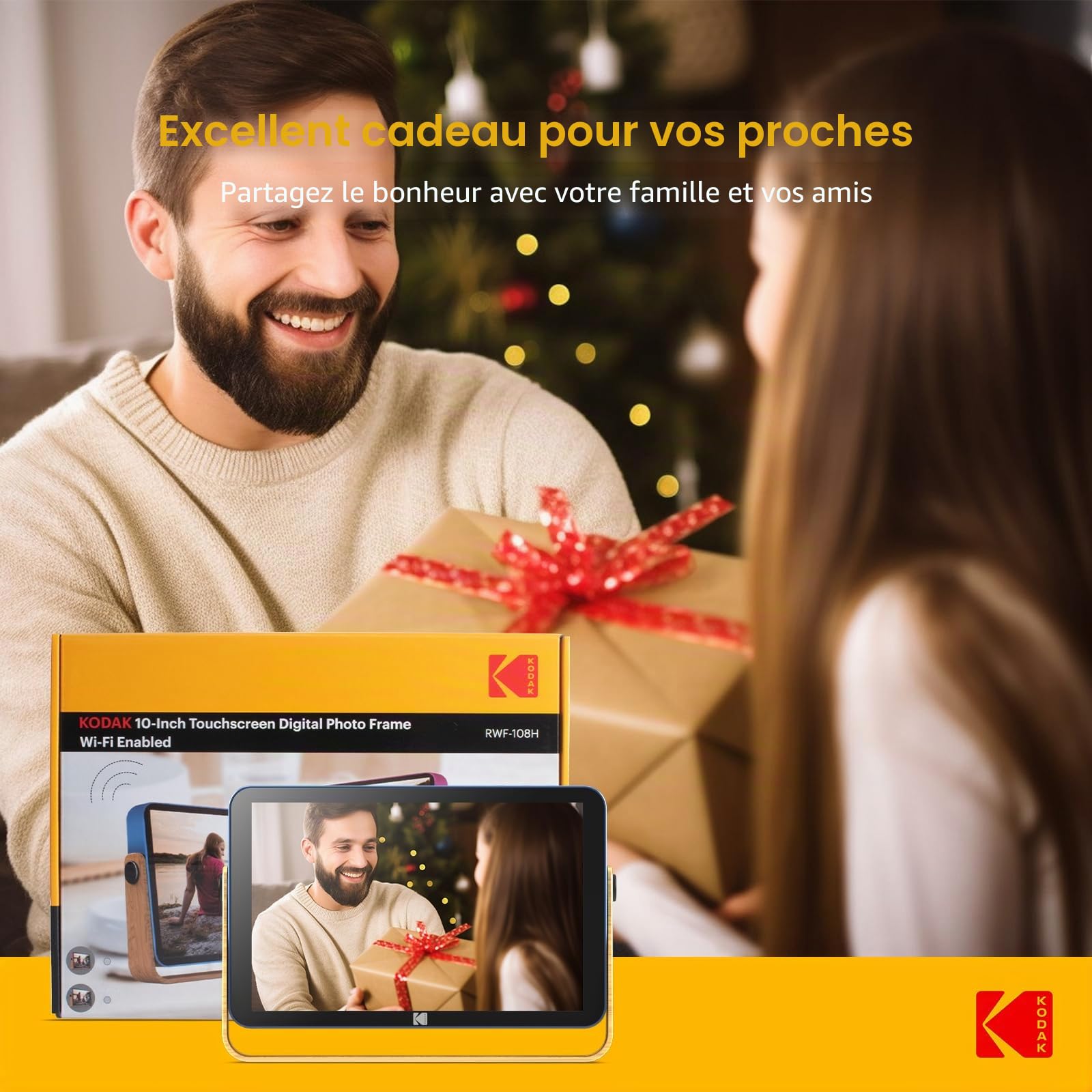 KODAK Cadre Photo Numérique, Cadre Numérique Photo WiFi 10 Pouces, Batterie Intégrée de 4000mAh, Mémoire de 32 Go, Écran Tactile IPS HD, Partage de Photos, Musique et Vidéos Via Une App/E-Mail/USB