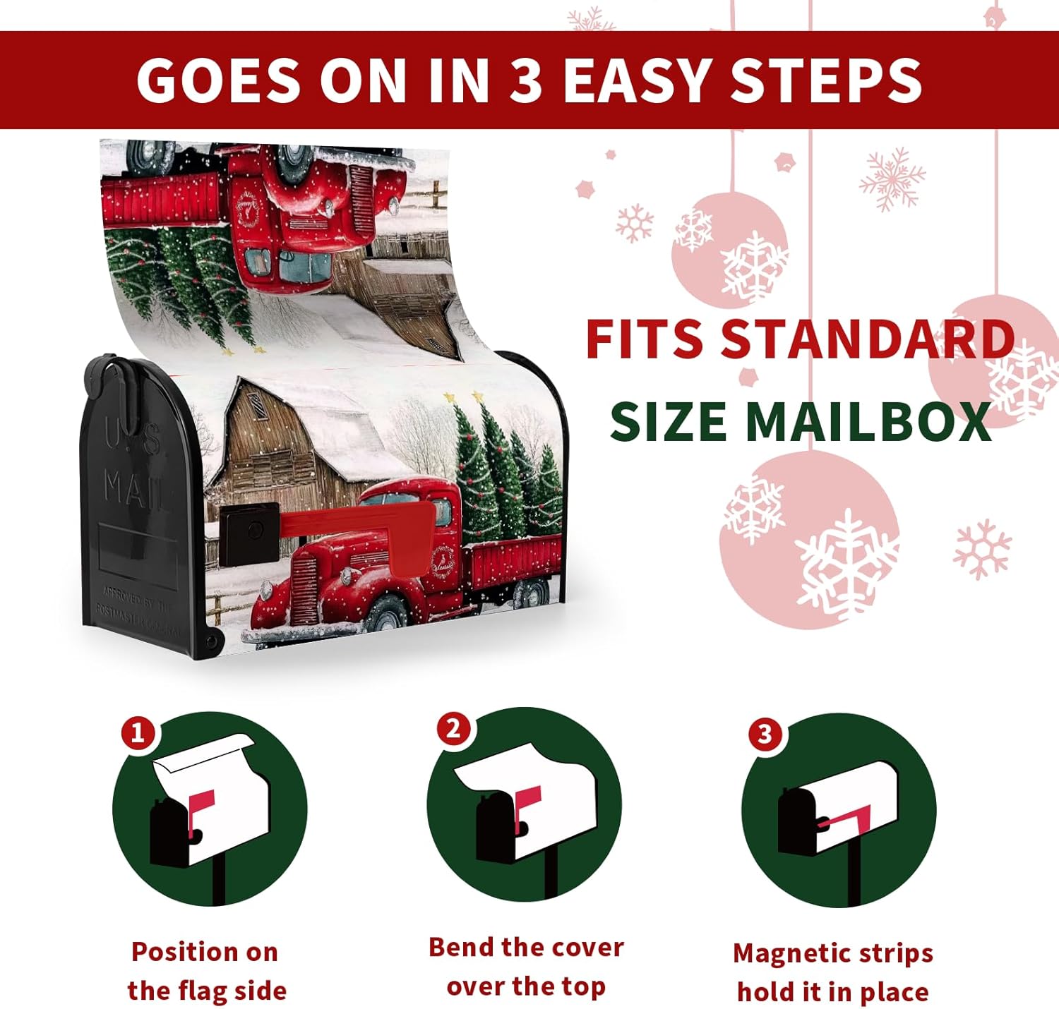 Winter Mailbox Cover Magnetic Standard Size Christmas Red Truck Snow Mail Box Covers Wrap Snowflakes Pine Trees Mailbox Wraps Post Letter Holiday18X 21 in Decor for Garden Outdoor Farmhouse
