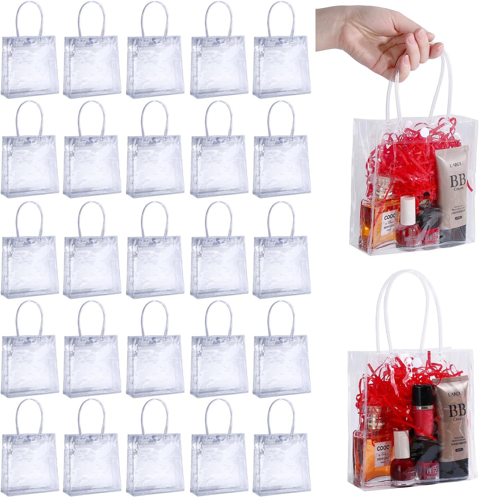 25PCS Clear Plastic Gift Bags PVC Bags Reusable Transparent Bags with Handle,5.9" x 6.3" x 2.8",Mini Cute Plastic Bags Gift Wrap Bags Tote Shopping Bag for Retail Halloween Christmas Boutique Wedding