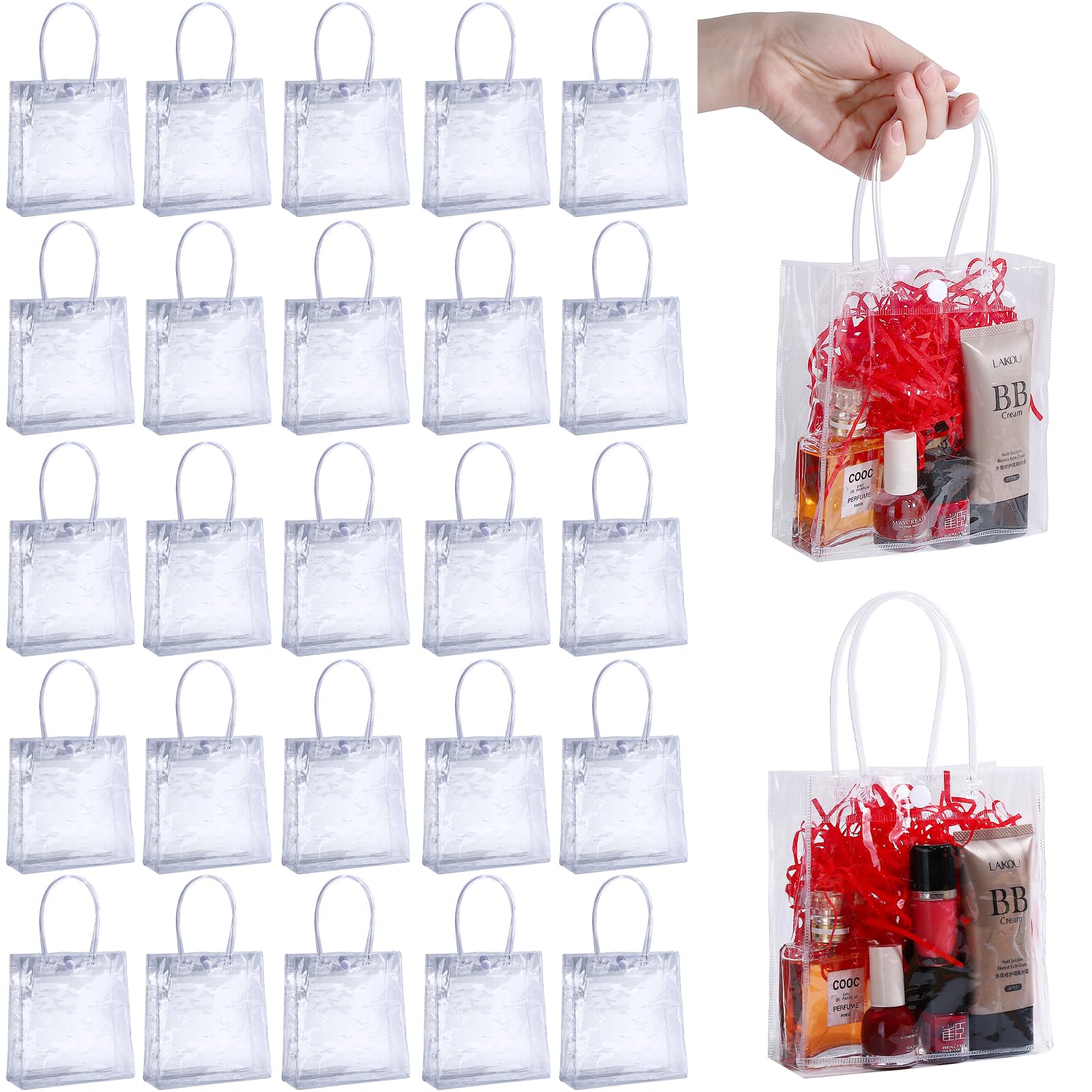 25PCS Clear Plastic Gift Bags PVC Bags Reusable Transparent Bags with Handle,5.9" x 6.3" x 2.8",Mini Cute Plastic Bags Gift Wrap Bags Tote Shopping Bag for Retail Halloween Christmas Boutique Wedding