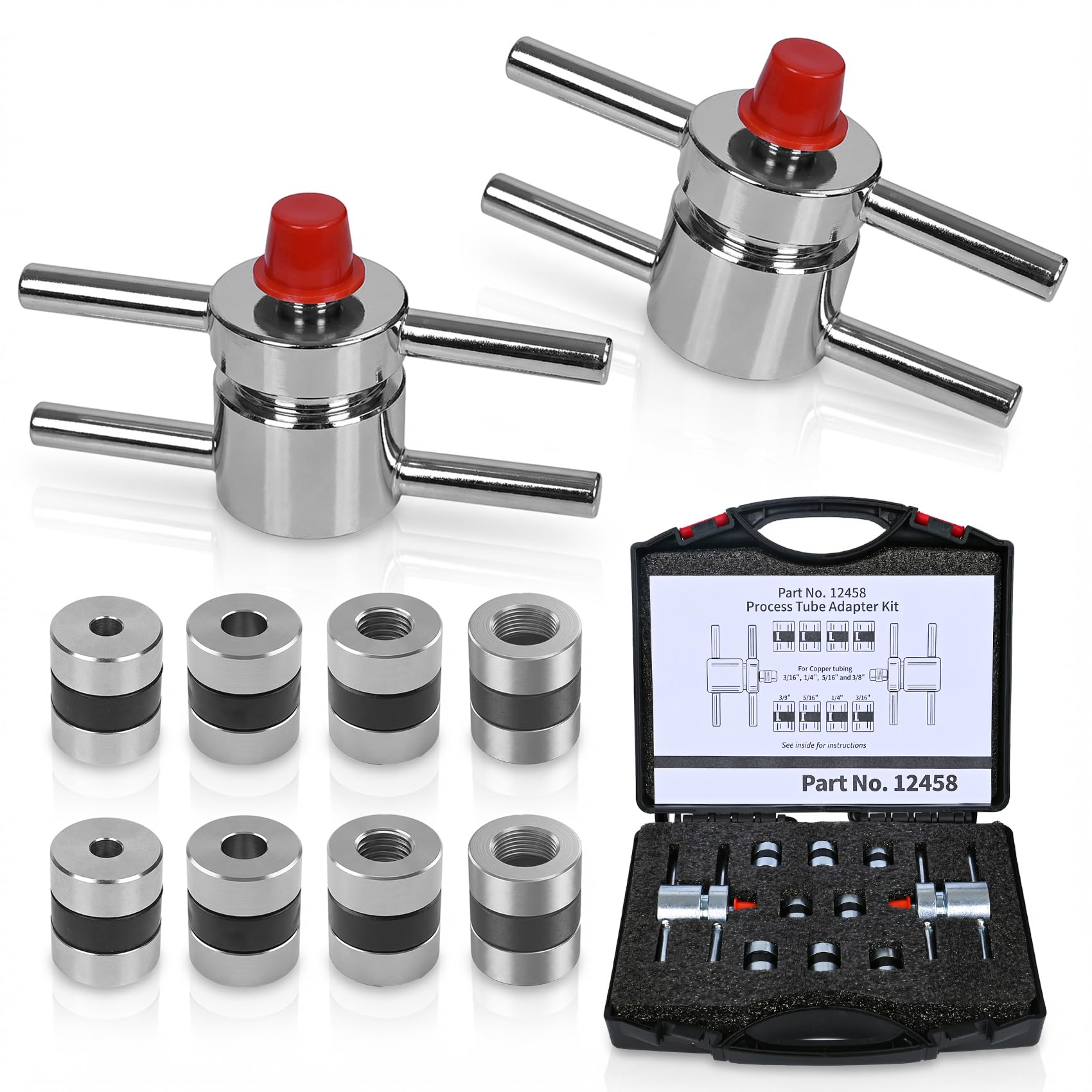 12458 Process Tube Adapter Kit for 3/16",1/4",5/16",3/8" Copper Tubing-HVAC Line Set Flareless Flaring Adapters for AC Charging,Refrigerant Recovery,Air Conditioning Repair with Leak-Free Connections
