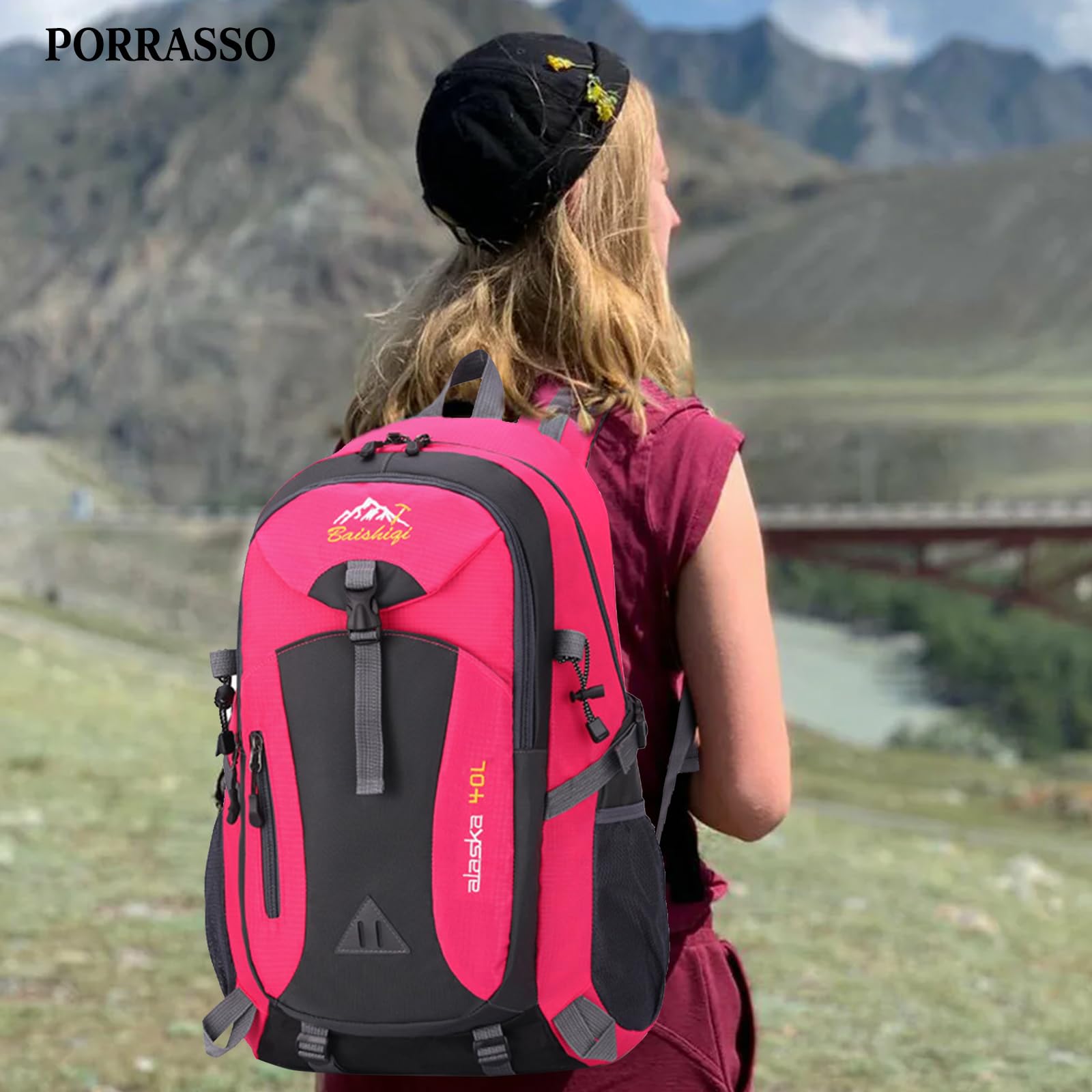 Zaino da Trekking Zaino Impermeabile 40L Zaini con Foro per Auricolare Hiking Backpack per Donna Uomo Campeggio Arrampicata Viaggio Sport Rosso Rosa