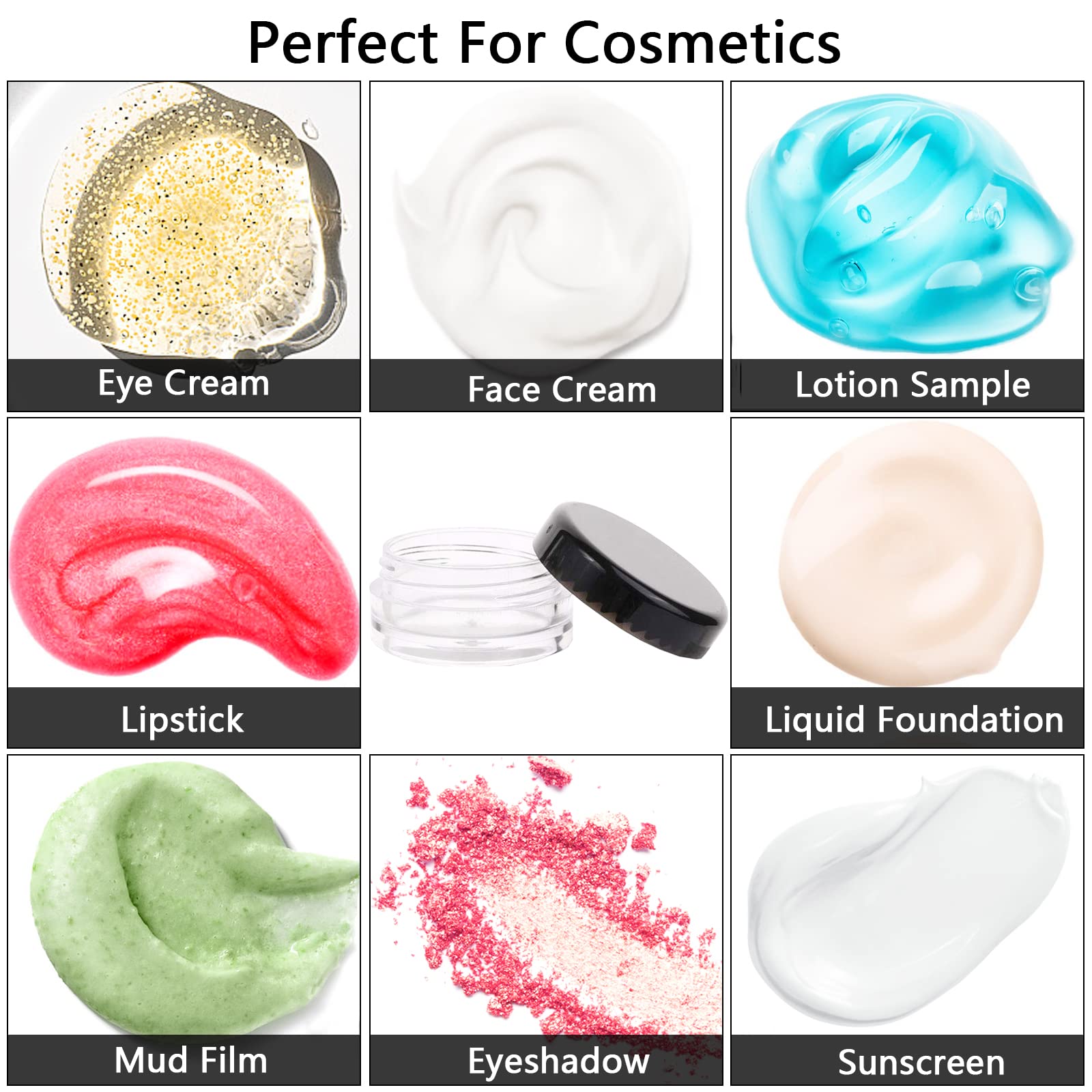 RUIJIE 100 Pezzi Vasetti Plastica 3g/3ml Contenitori Piccoli Barattolo Cosmetici Vuoto Viaggio Contenitore Cosmetico con 10 Mini Spatola & 96 Etichetta per Crema Balsamo Labbra Campione Trasparente