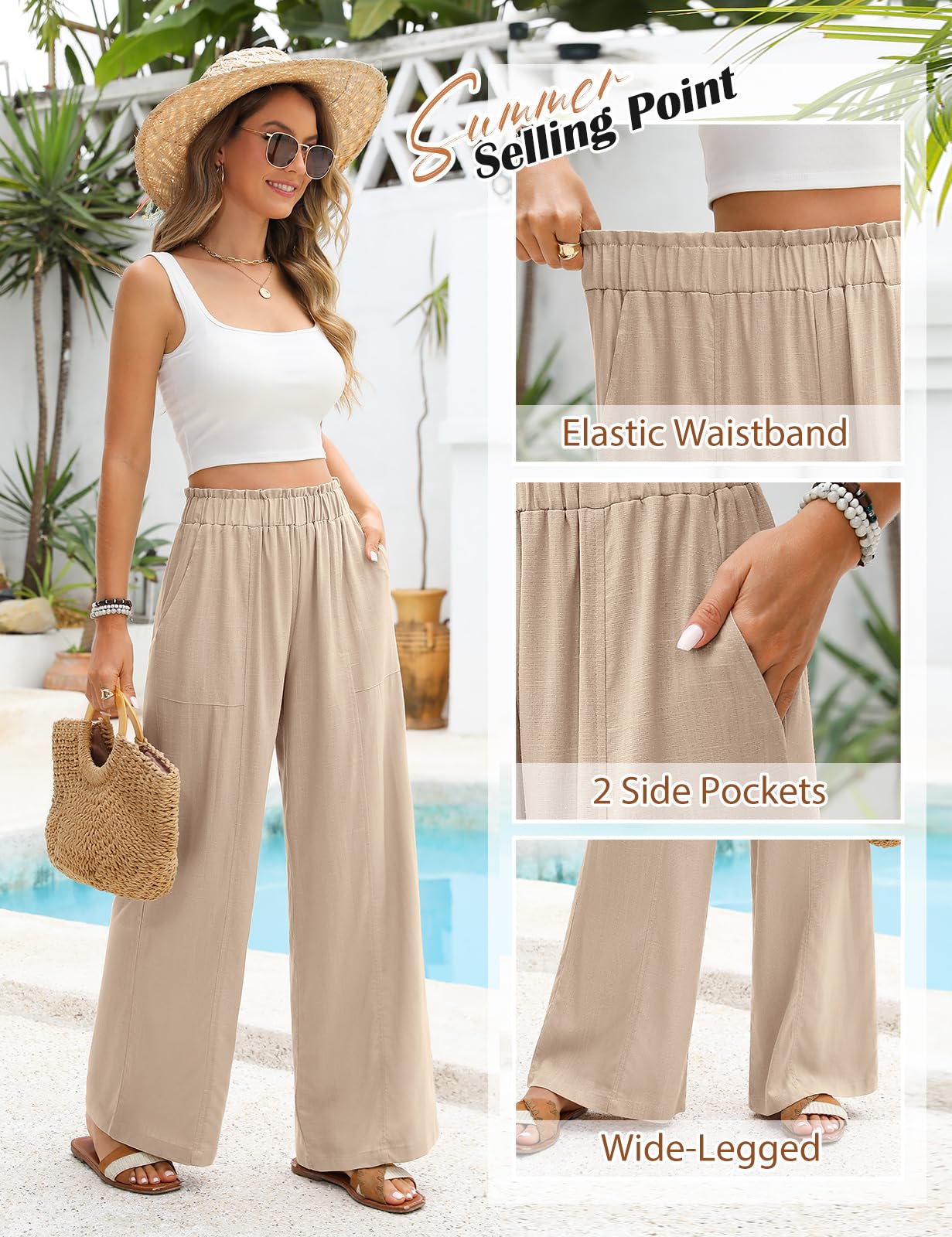 Leinenhose Damen Sommer Hosen Leicht Weite Bein Palazzo Hose Elastisch Taille Dehnbar Elegante Sommerhose Lockere Geschnitten Luftige Strandhose Freizeithose mit Taschen