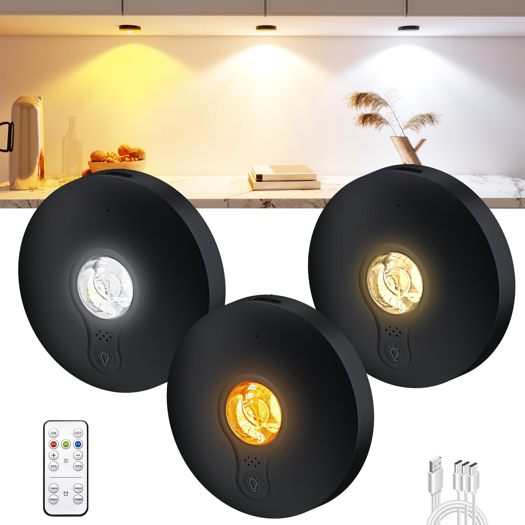 UNUSROOM Rechargeable Puck Lights with Remote Control,2000mAh High Capacity Battery Operated LED Under Cabinet Lighting,Dimmable Tap Stick On&