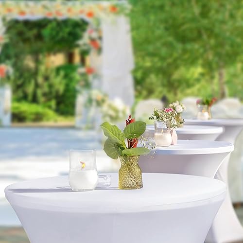 Miniatura 7 de Fixwal Fundas para mesa de cóctel, paquete de 2 manteles redondos blancos de 32 x 43 pulgadas, mantel elástico de elastano para fiestas, bodas,
