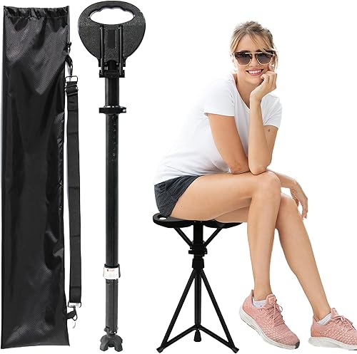 Walking Cane with Seat Folding Lightweight, Portable Cane Seat with Carry Bag, Walking Stick with Seat for Seniors & Adults, Foldable Adjustable