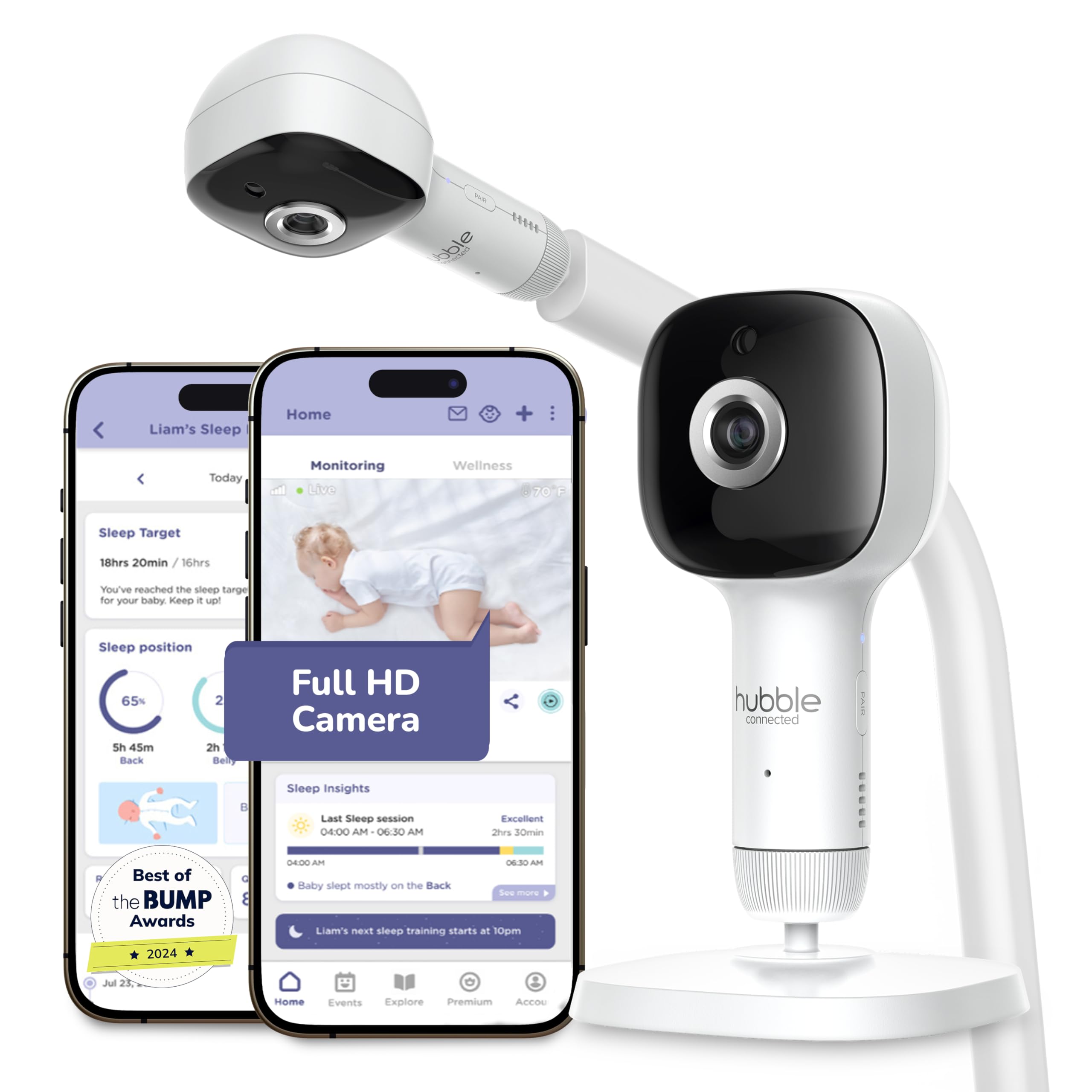 Hubble Connected SkyVision AI-Enhanced HD Smart Baby Monitor - 1 Camera, Mounts, Smart Rollover & Cry Detection, AI Sleep Report, 2-Way Talk, Night Vision, Nightlight & Sounds, Baby-Centric App