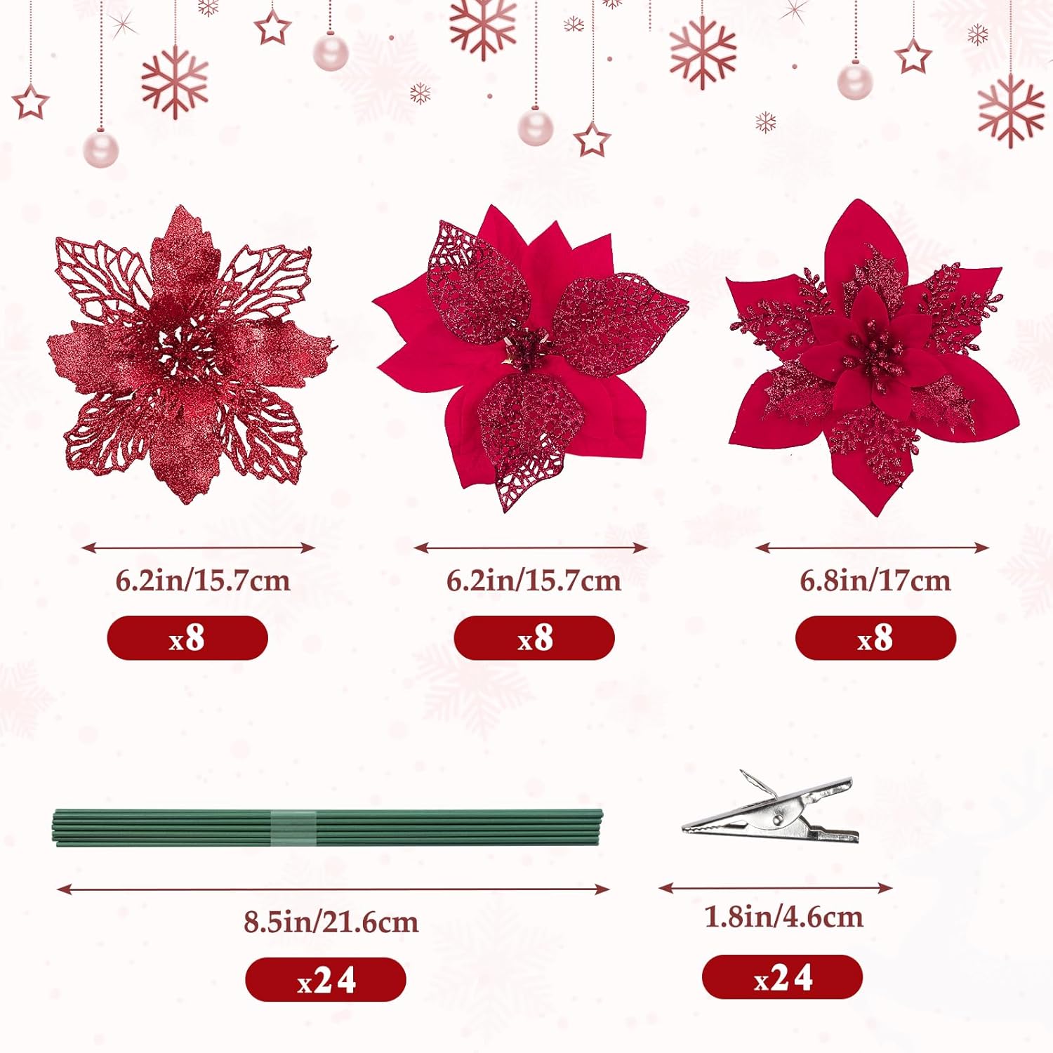 Alupssuc 24 PCS 3 Styles 6'' Poinsettia Christmas Flowers Artificial, Glitter Artificial Flower, Christmas Decorations for Xmas Tree Party Wreath Fireplace, New Year Ornaments, Red