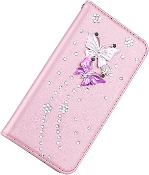 Glitter Wallet PU Case for ITEL S26 ULTRA, Rose Gold Solid Color Flip Case with Strass Rhinestone Bling Bling Diamond 3D Butterflies Pattern Folio Wallet Cover for ITEL S26 ULTRA