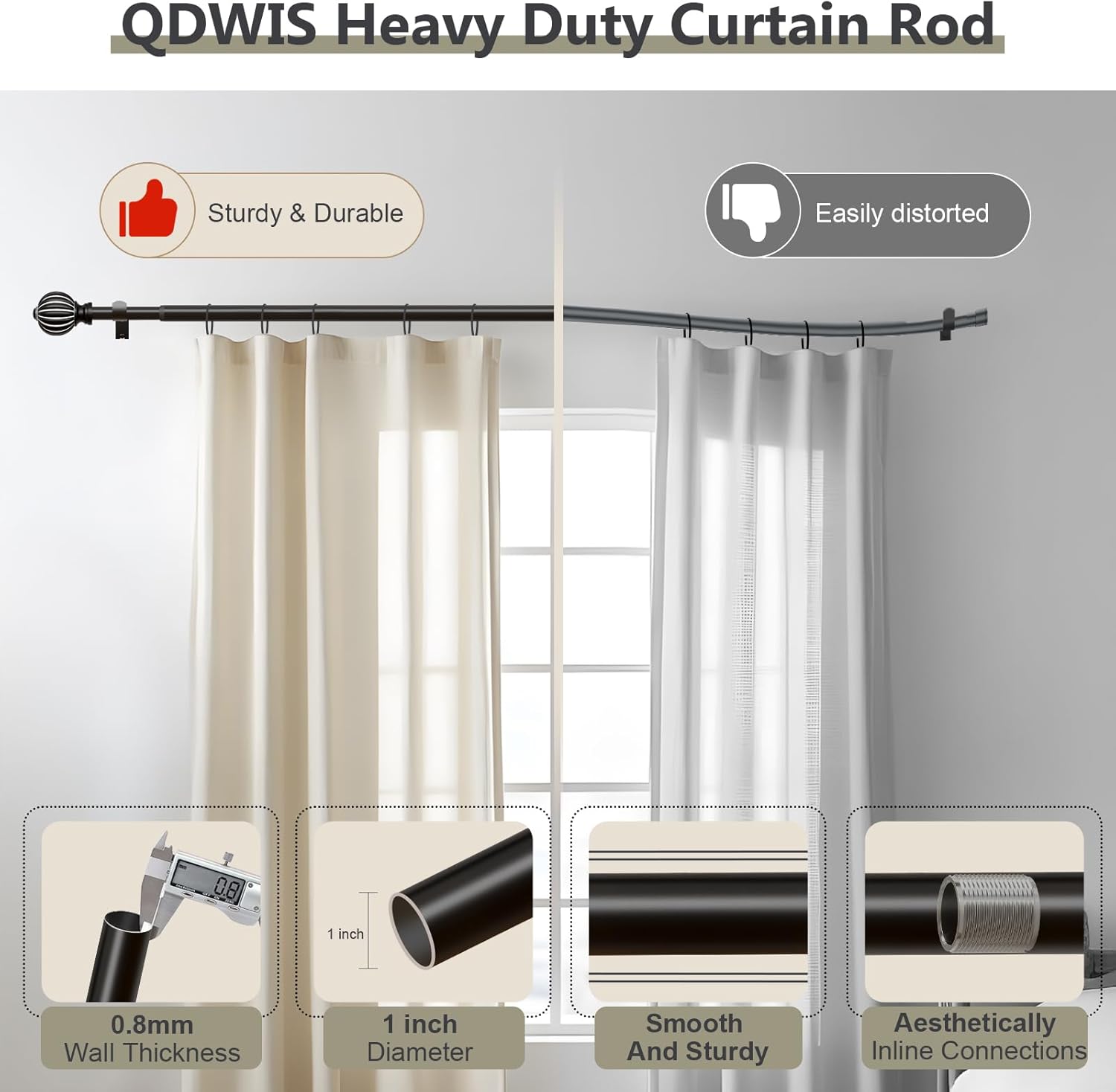 QDWIS Black Curtain Rods for Windows 66 to 120 Inch, 1'' Adjustable Heavy Duty Curtain Rod，Vintage Decorative Drapery Rods with Pumpkin Finials for Bedroom Living Room
