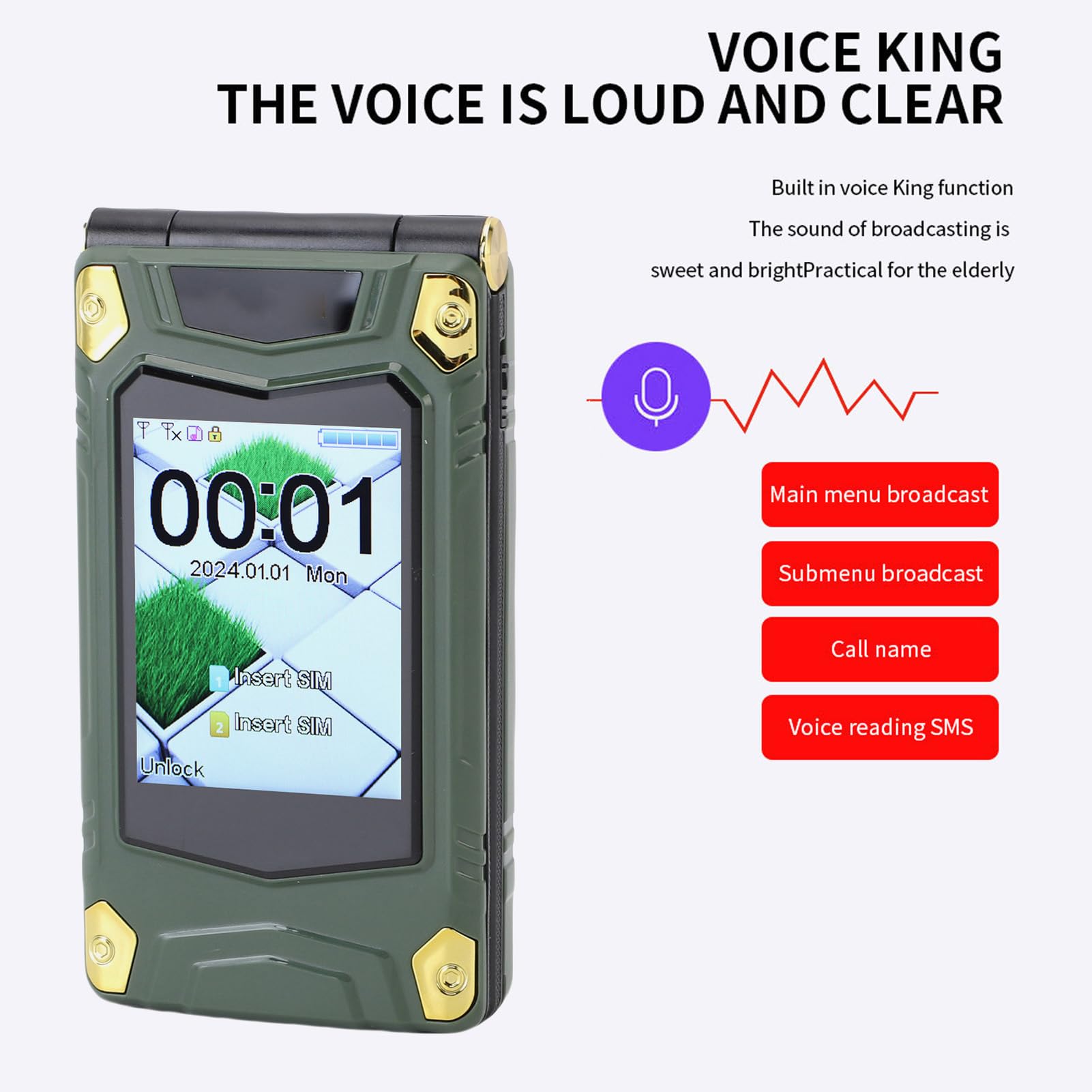 Odwróć Telefon z Dużymi Czcionkami, Transmisja Głosowa, 9 Szybkiego Wybierania, 3,0 „wewnętrzny + 2.6”, Ekran Zewnętrzny, 4800 MAh, Podwójna Karta SIM Odblokowana (GREEN)