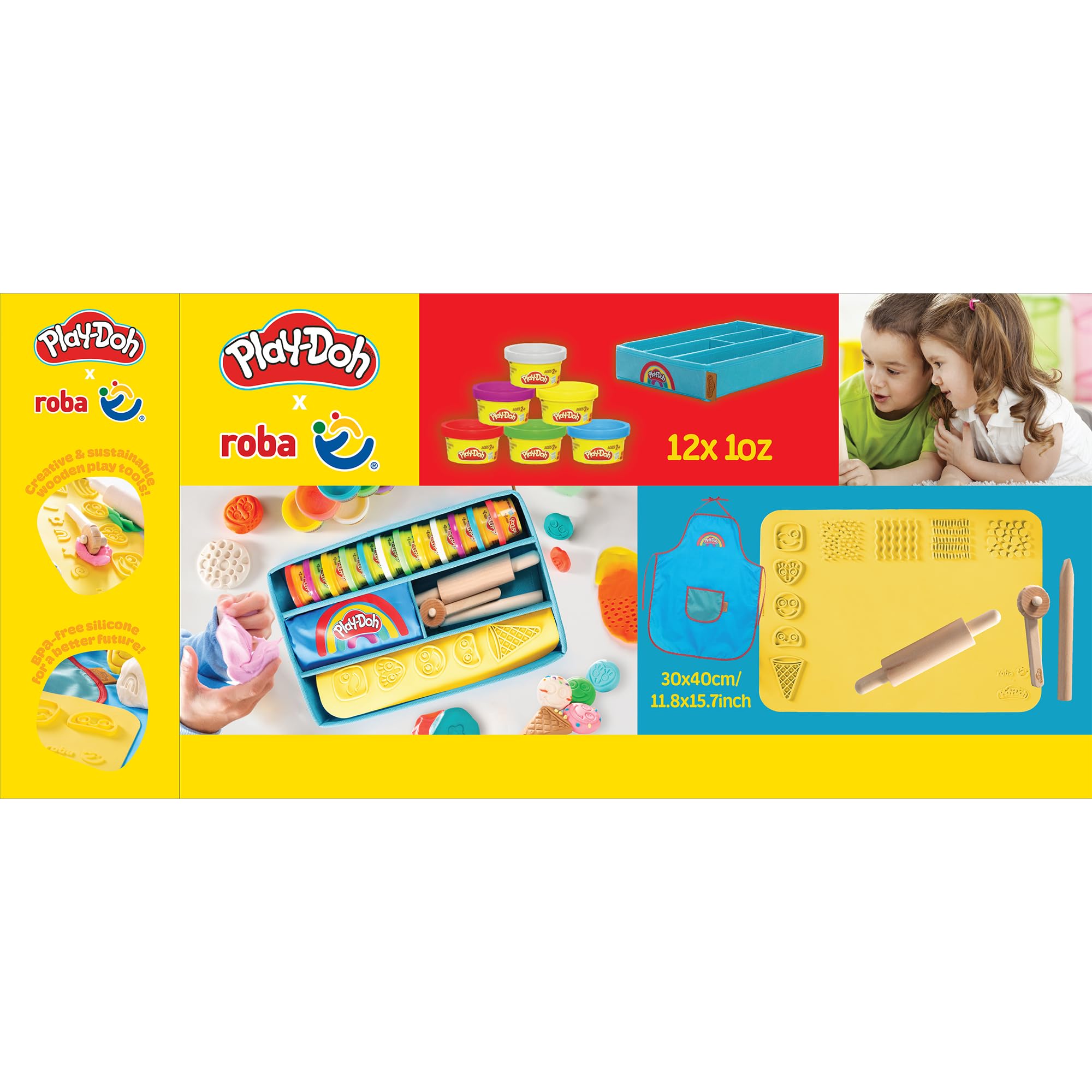 Roba x Play-Doh duży zestaw, pojemnik Canvas, mata 3D, 12 pojemników ciastoliny, narzędzia, fartuszek – kreatywny prezent dla dzieci 3+