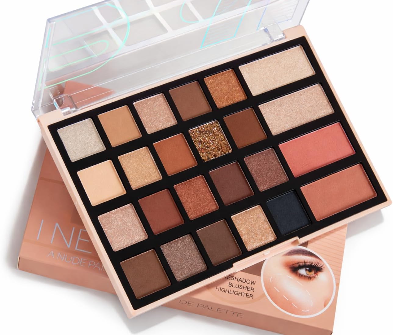All-in-One Nude Palette with 20 Eyeshadows, 2 Blushers, 2 Highlighters, Matte Shimmer Glitter Finishes, High Pigmentation, Waterproof