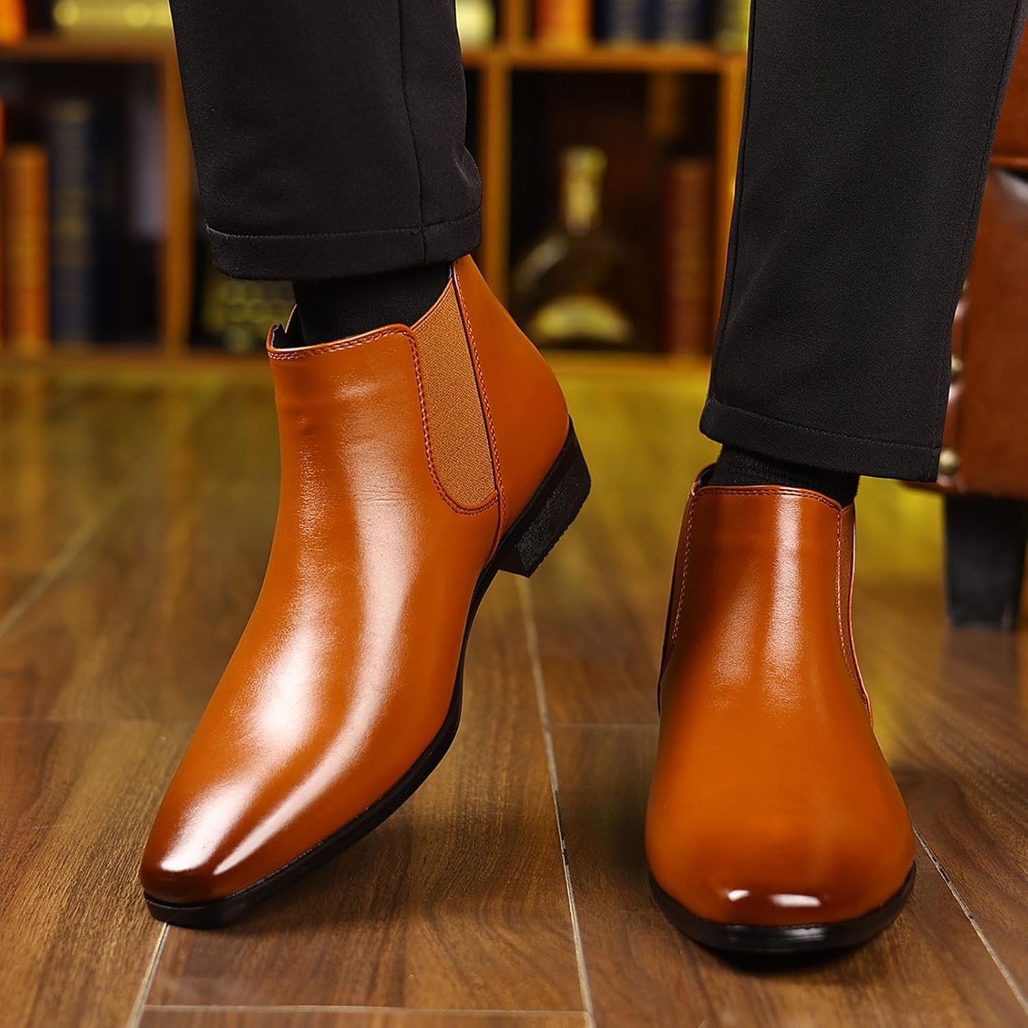 Chelsea Boots Men's Leather Dress Boots Classic Pointed Toe Elastic Band Pull On Business Ankle Boots Chunky Heel High Top Casual Leather Shoes