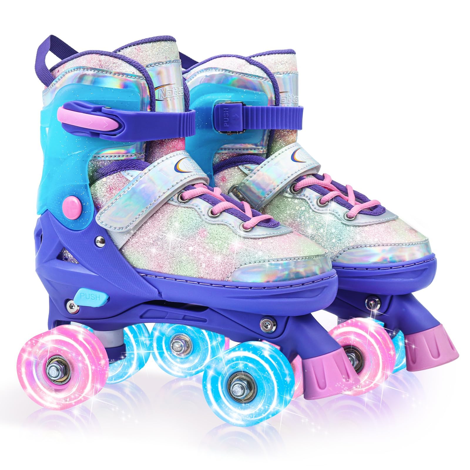 Nattork Pattini a rotelle per bambine e bambine, 4 misure, regolabili, per bambini dai 3 ai 12 anni, con ruote luminose e protezione di sicurezza, fantastico regalo di compleanno per sport al chiuso e