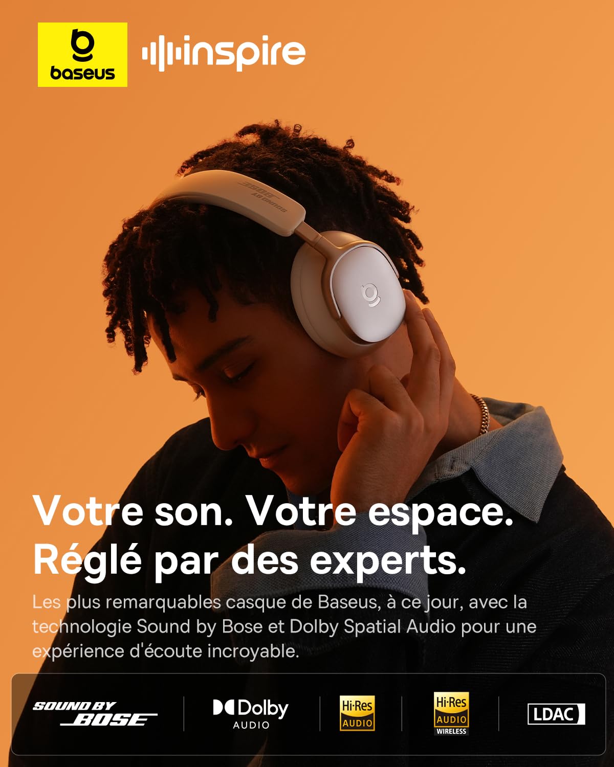 Baseus Inspire XH1 Casque Bluetooth sans Fil à réduction de Bruit, Sound by Bose, Confort Nuageux, Dolby Audio & Hi-Res pour Un Son Incroyablement Dynamique, Autonomie de 100 H, Blanc Lunaire